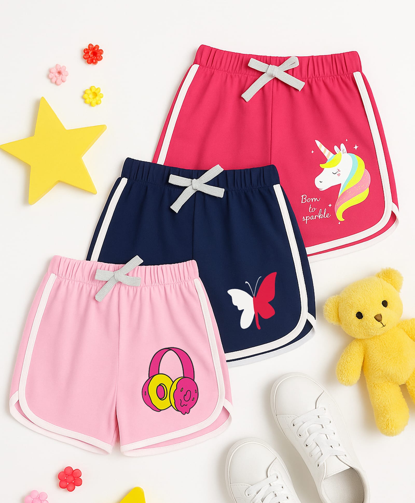 Kuchipoo Cotton Blend Knit Shorts with Birds Unicorn & Typography Print Pack of 3 - Pink Navy Blue & Dark Red-picture-10