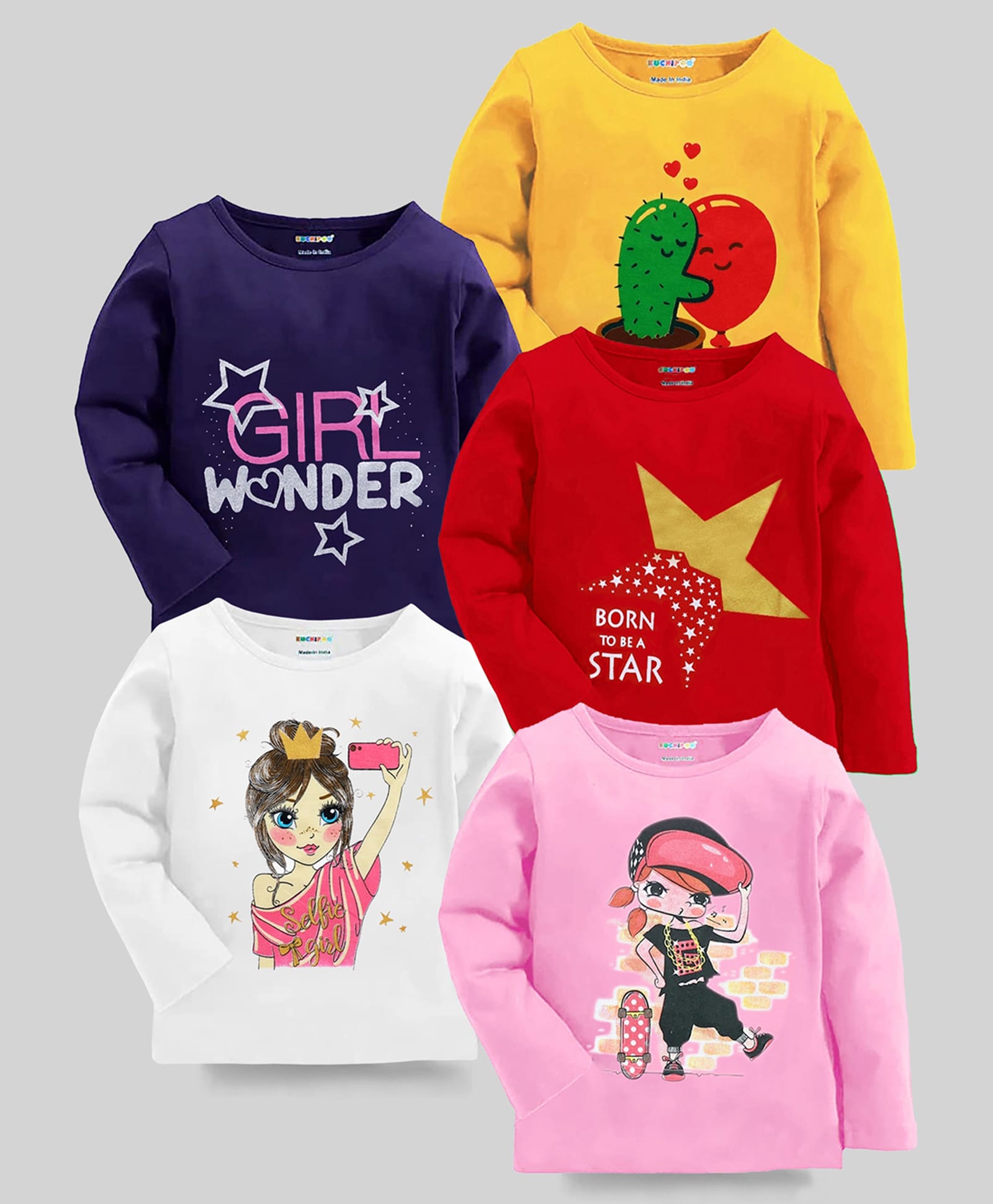 KUCHIPOO Knit Full Sleeves T-Shirts With Star & Text Print Pack Of 5 - Yellow Purple & Pink-picture-18
