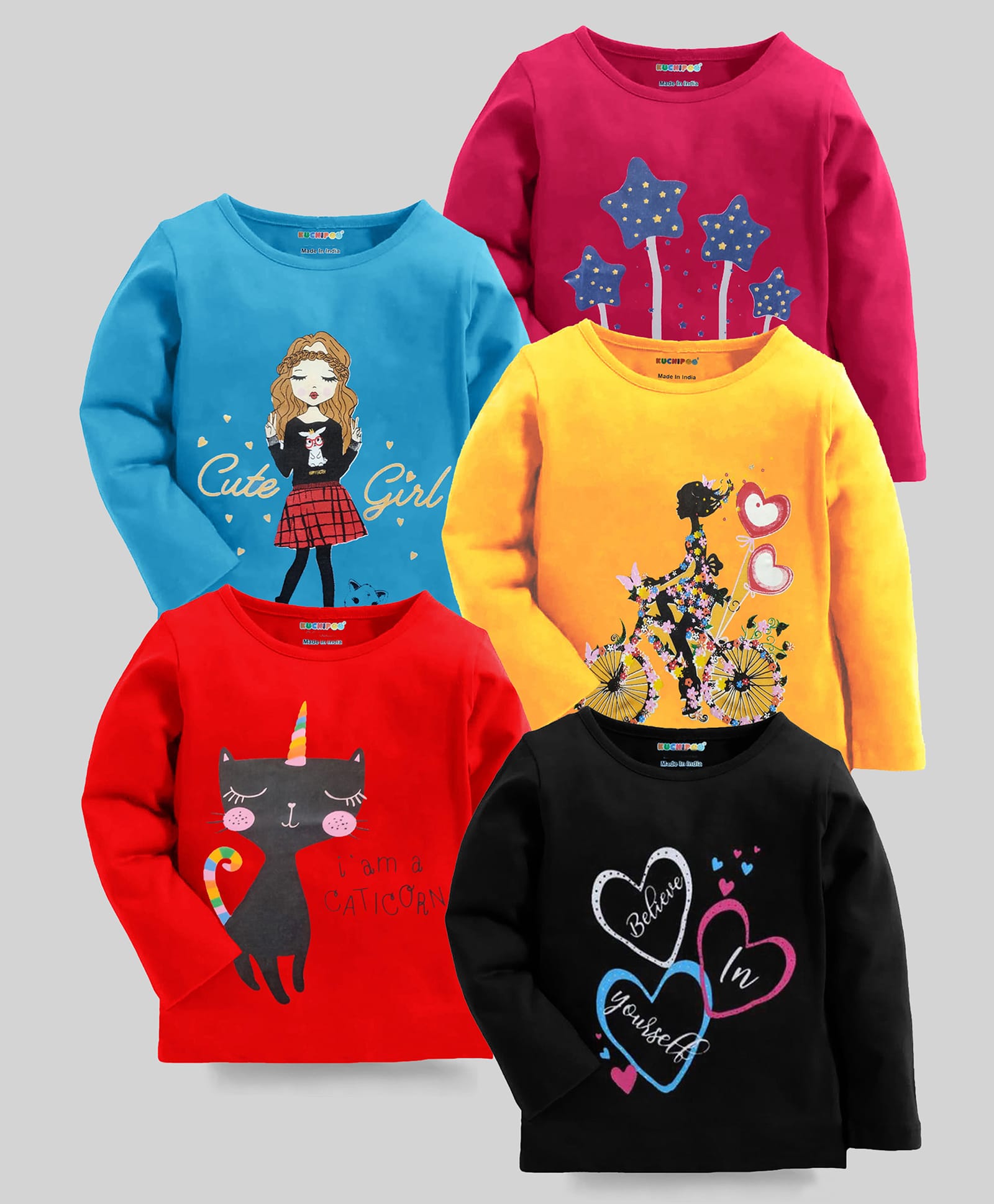 KUCHIPOO Knit Full Sleeves Unicorn Cat & Cute Girl Printed T-Shirts Pack Of 5 - Blue Yellow & Red-image-48