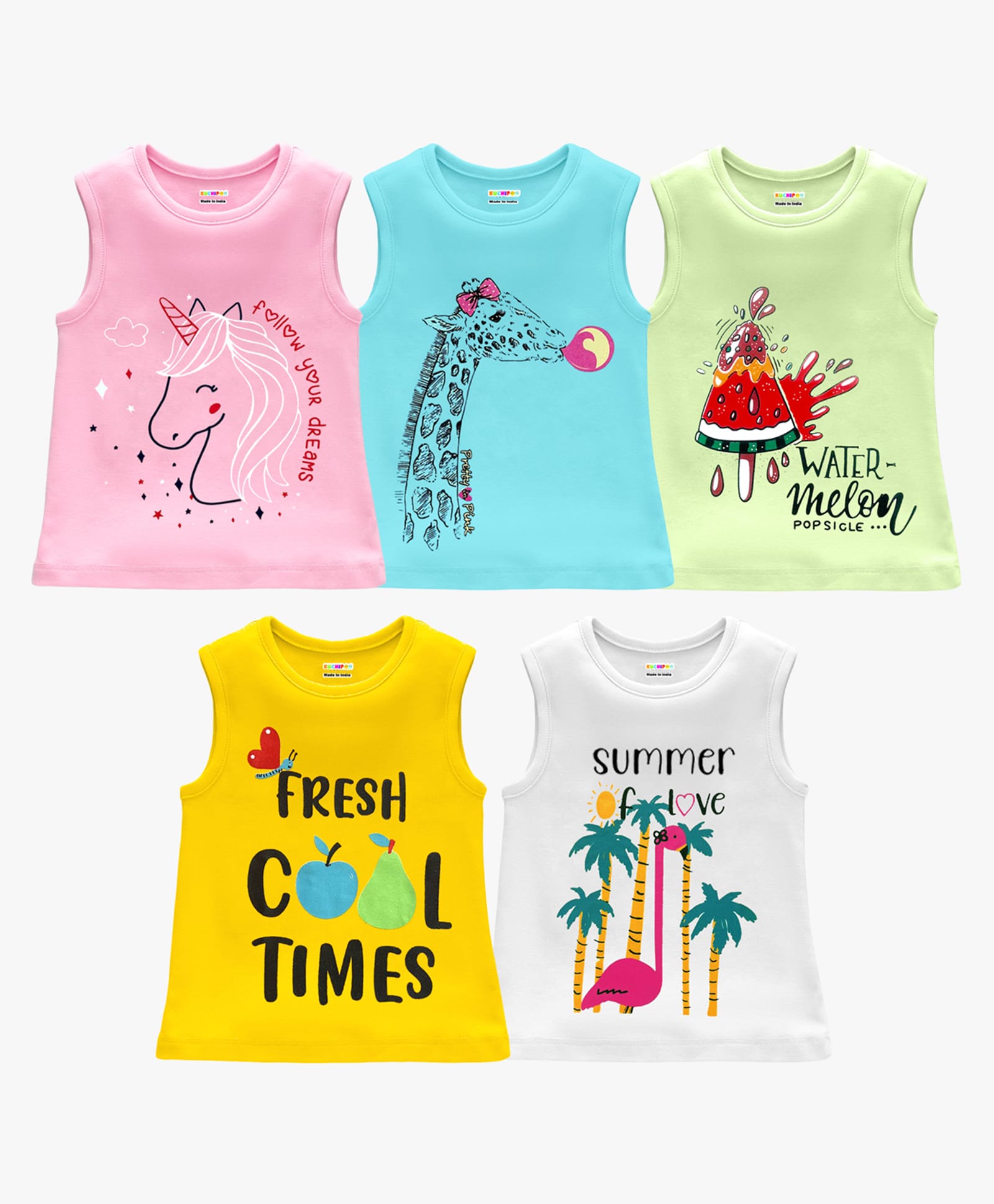 KUCHIPOO Knit Sleeveless Unicorn Animal & Palm Tree Printed Tank T-Shirts Pack Of 5 - Pink Yellow & Light Green-picture-14