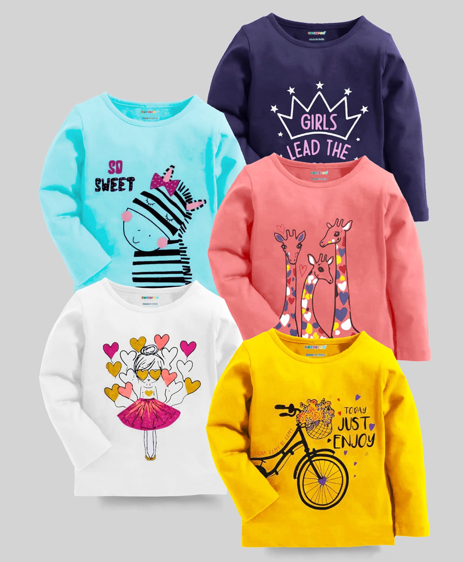KUCHIPOO Knit Full Sleeves Giraffe Zebra & Crown Printed T-Shirts Pack of 5 - Navy Blue Yellow & White-image-14
