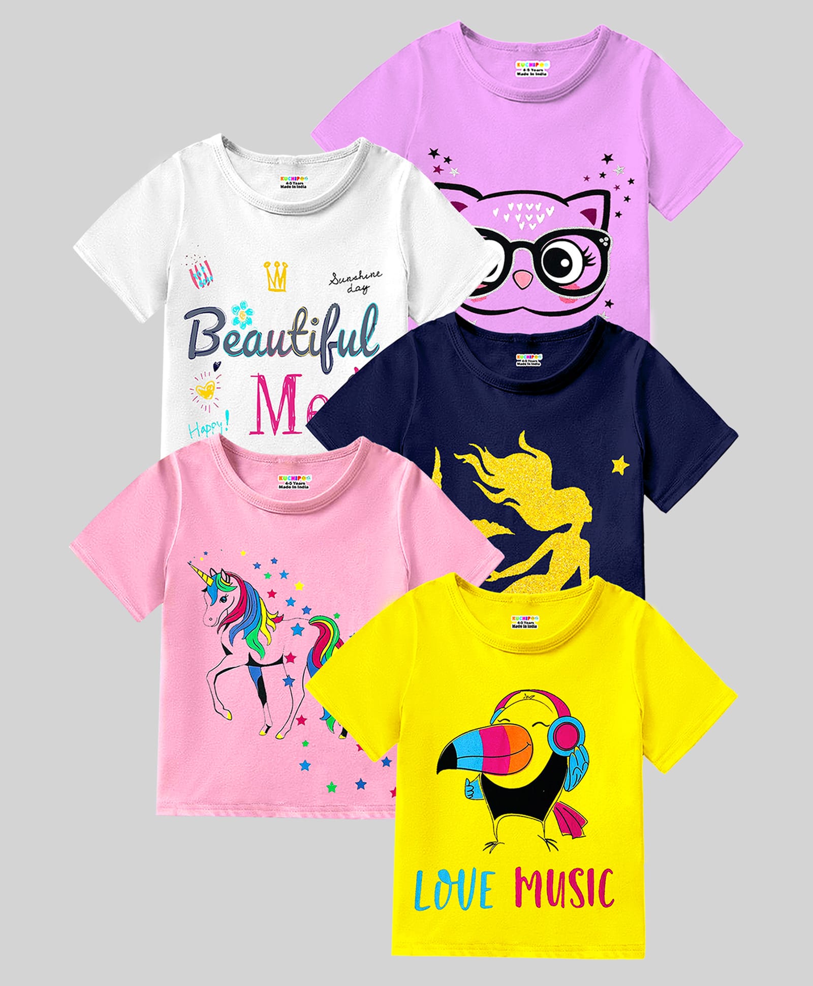 KUCHIPOO Knit Half Sleeves Unicorn Bird & Cat Printed T-Shirts Pack Of 5 - Yellow Pink & Black-picture-12