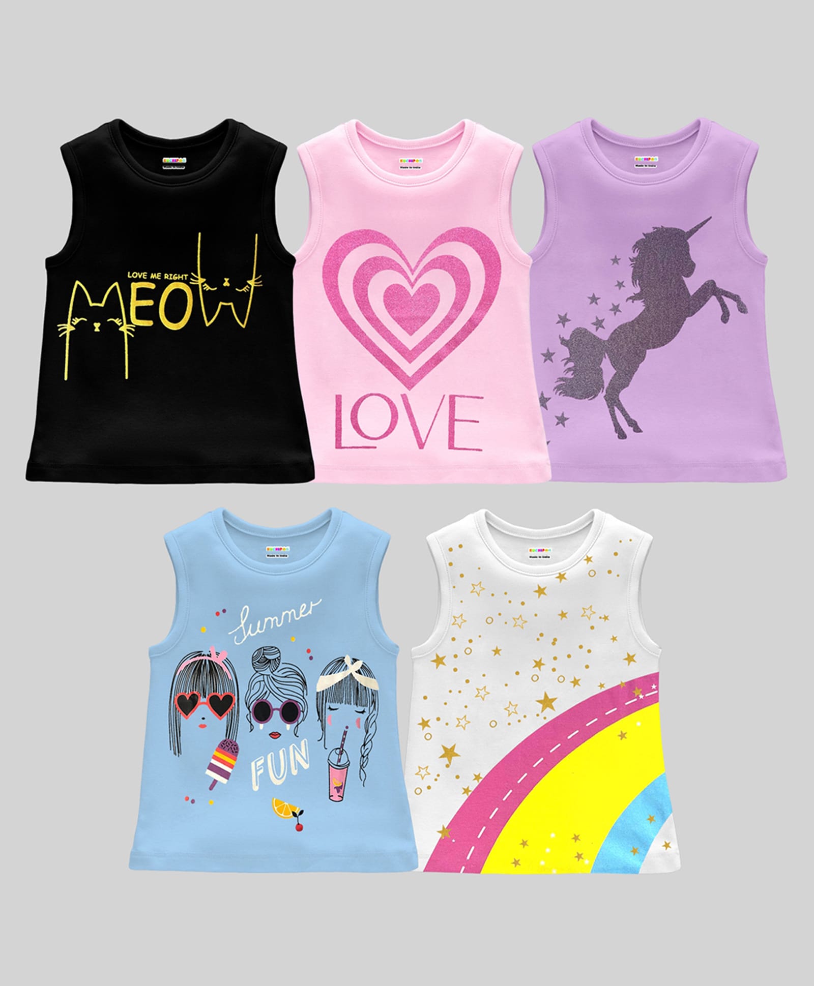 KUCHIPOO Knit Sleeveless Unicorn & Rainbow Printed Tank T-Shirts Pack of 5 - Black Lilac & Pink-picture-17