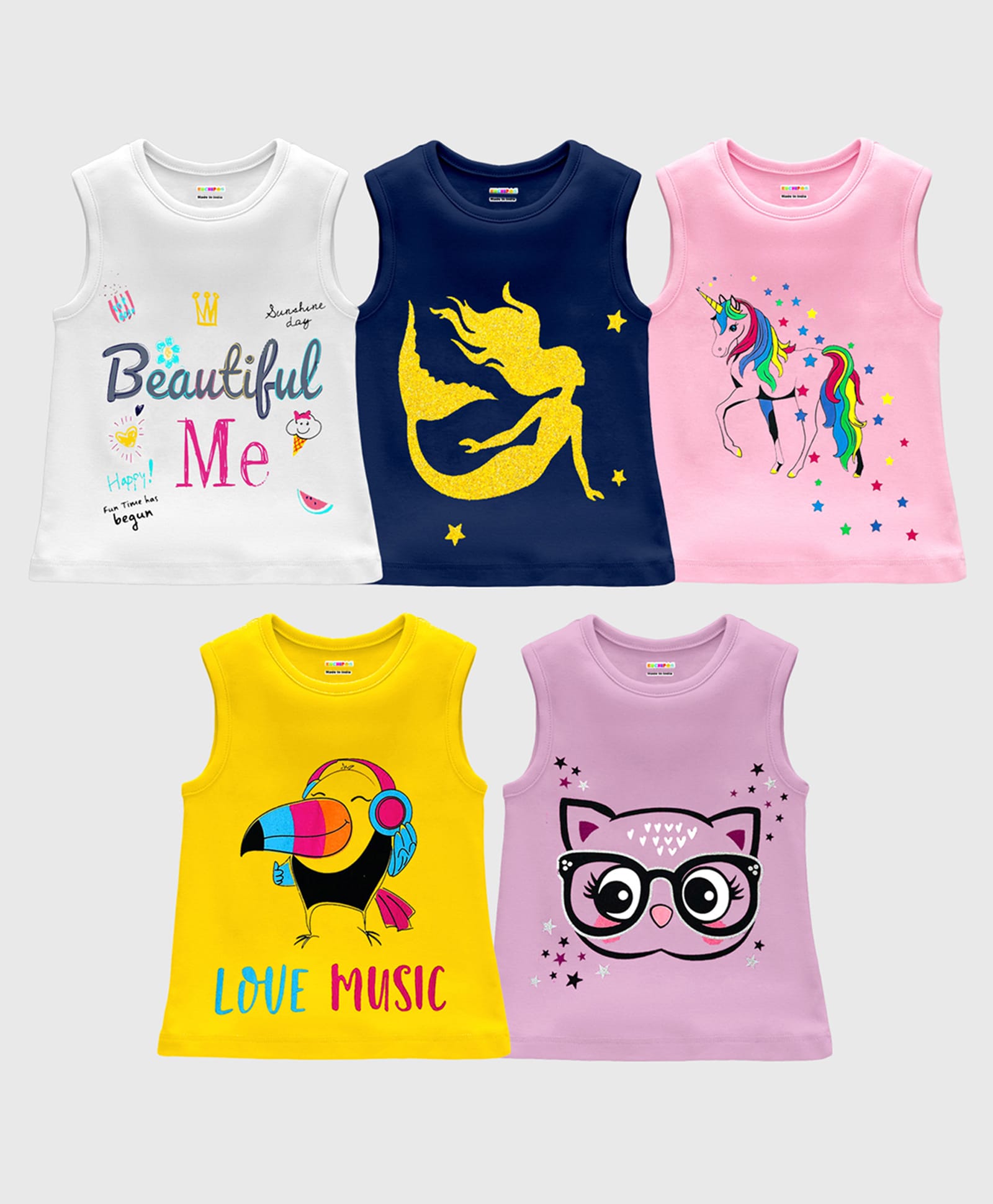 Kuchipoo Knit Sleeveless Text & Unicorn Printed Tank T-Shirt Pack of 5 - Yellow Black & White-picture-27