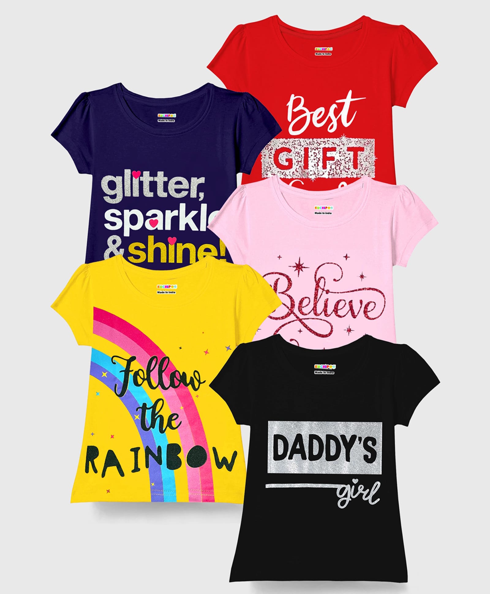 Kuchipoo Knit Half Sleeves Text & Rainbow Printed T-Shirt Pack of 5 -Red Navy & Yellow-image-1