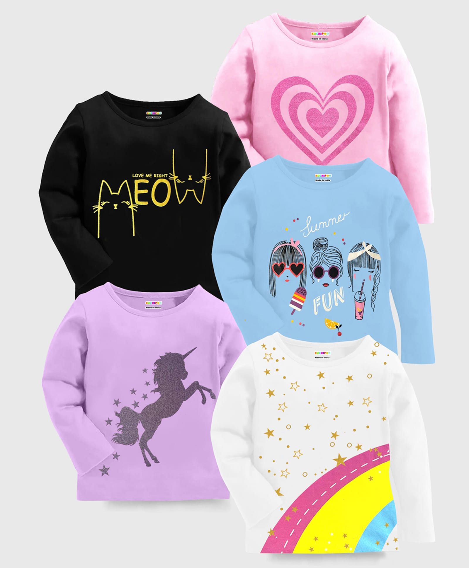 Kuchipoo Cotton Knit T-Shirts with Full Sleeves Unicorn & Stars Print in Pink Pack of 5 for 6-7 Years-picture-30