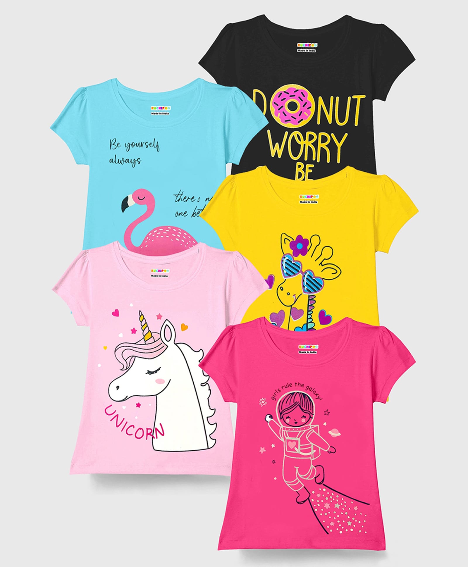 Kuchipoo Knit Half Sleeves Unicorn Bird & Space Printed T-Shirt Pack of 5 - Pink Black & Yellow-picture-10