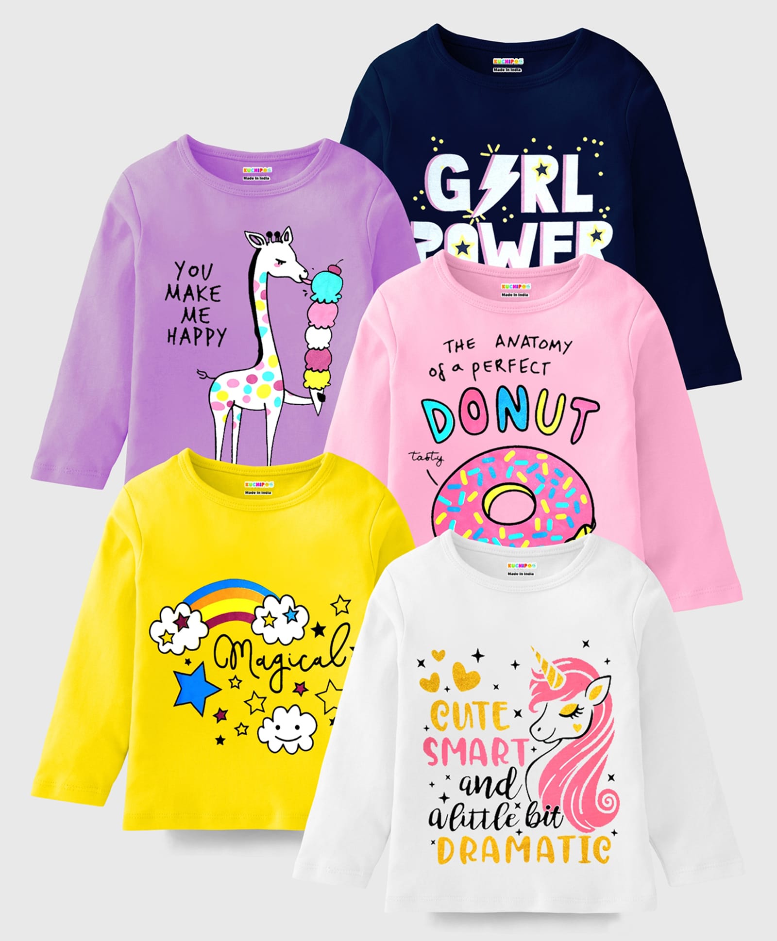 KUCHIPOO Knit Full Sleeves Unicorn Giraffe Printed T-Shirts Pack Of 5 - Navy Blue Yellow & Purple-image-13