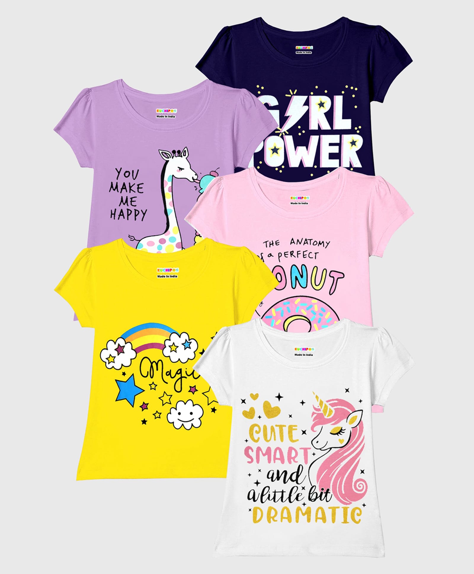 Kuchipoo Knit Half Sleeves Unicorn Rainbow & Animals Printed T-Shirt Pack of 5 - Pink Navy & Yellow-picture-17