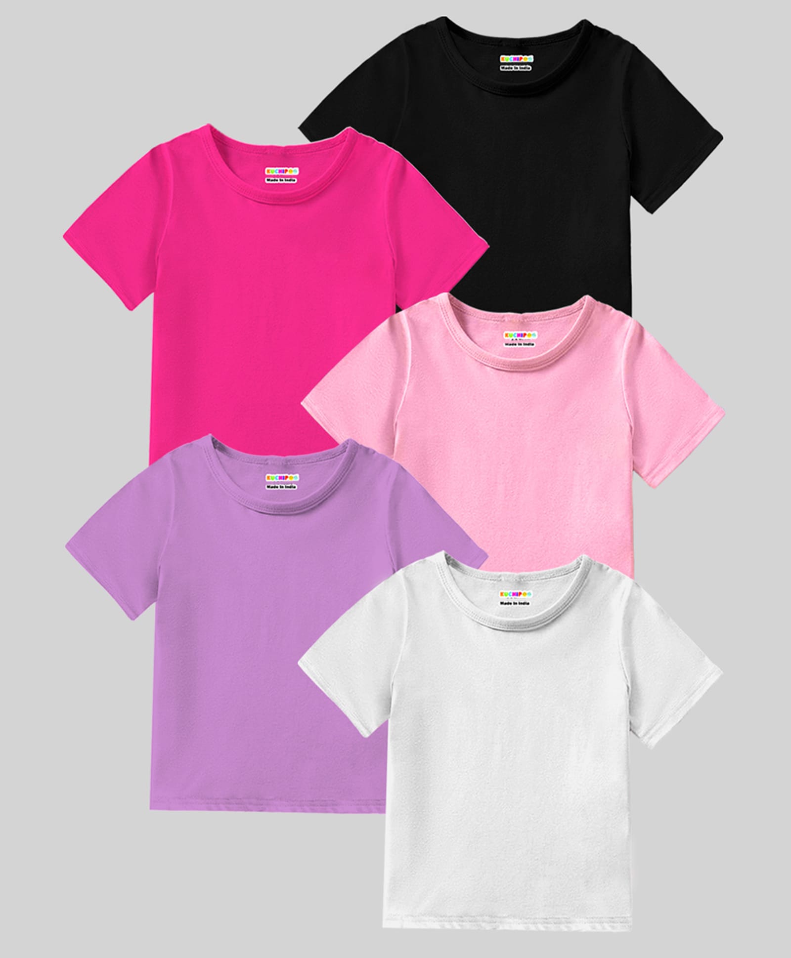KUCHIPOO Knit Half Sleeves Solid T-Shirts Pack Of 5 - White Pink & Black-picture-12