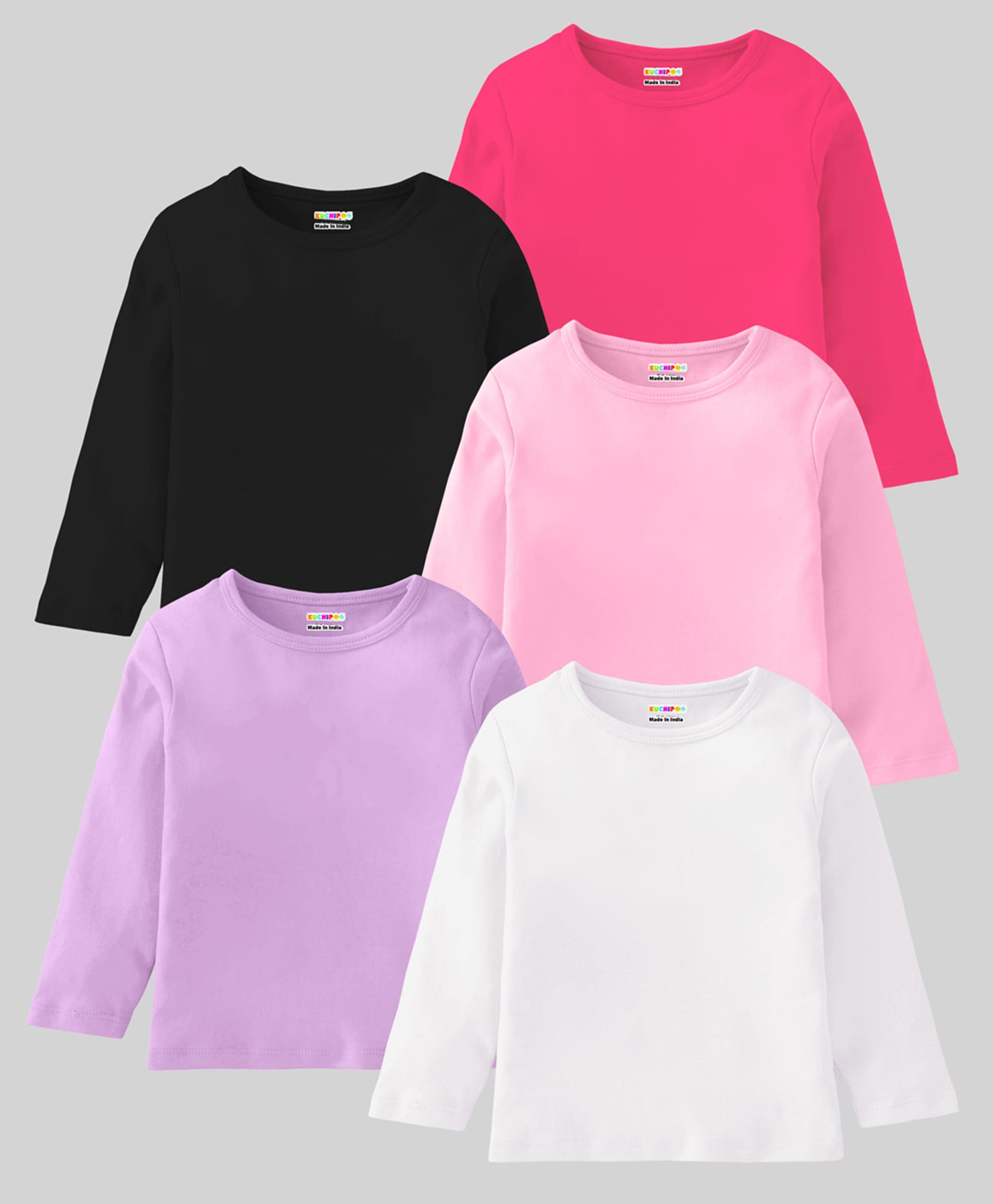 KUCHIPOO Knit Full Sleeves Solid T-Shirts Pack of 5 - White Pink & Black-picture-11