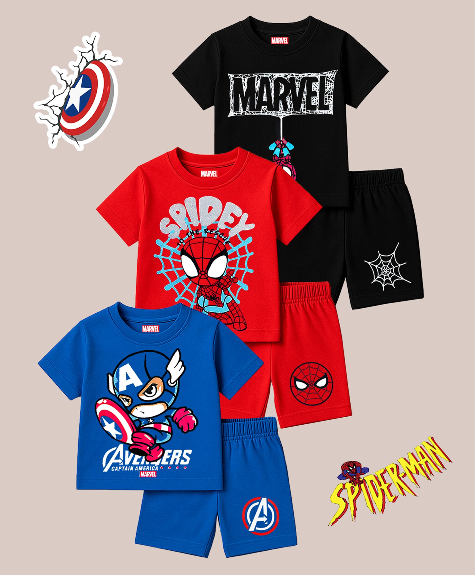 Kuchipoo Knit Half Sleeves Spider Man & Captain America Printed T-Shirt & Shorts Set Pack of 3 - Red Black& Blue-image-3