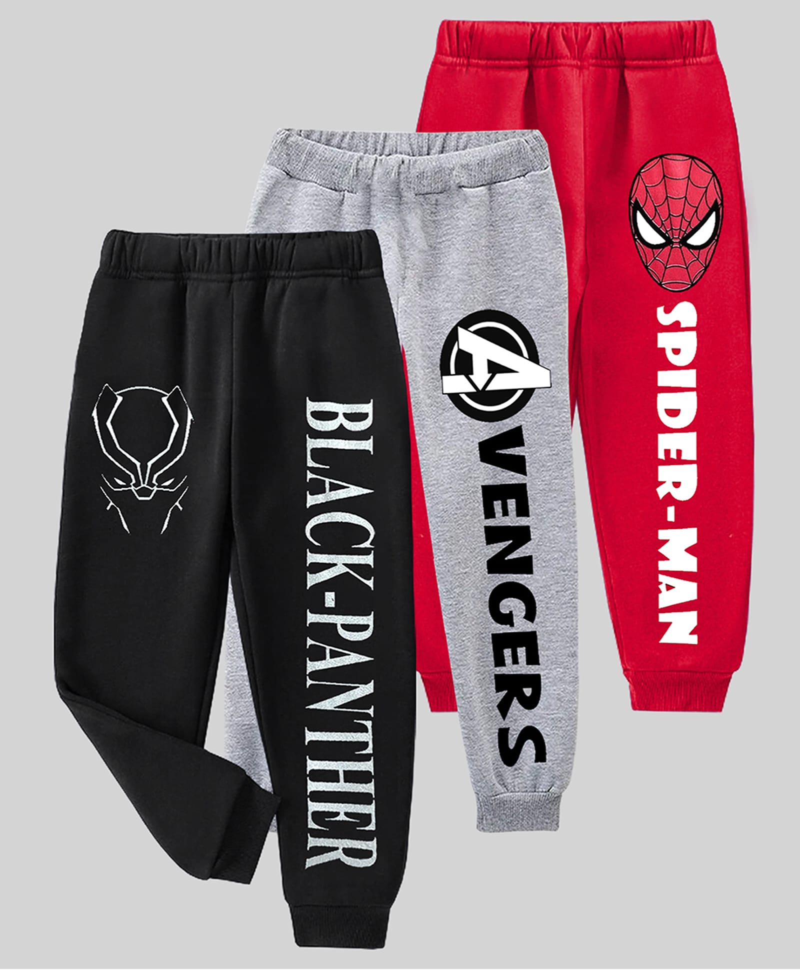 Kuchipoo Knit Full Length Lounge Pant with Marvel Spiderman & Black Panther Print Pack of 3 - Red Grey & Black-image-32