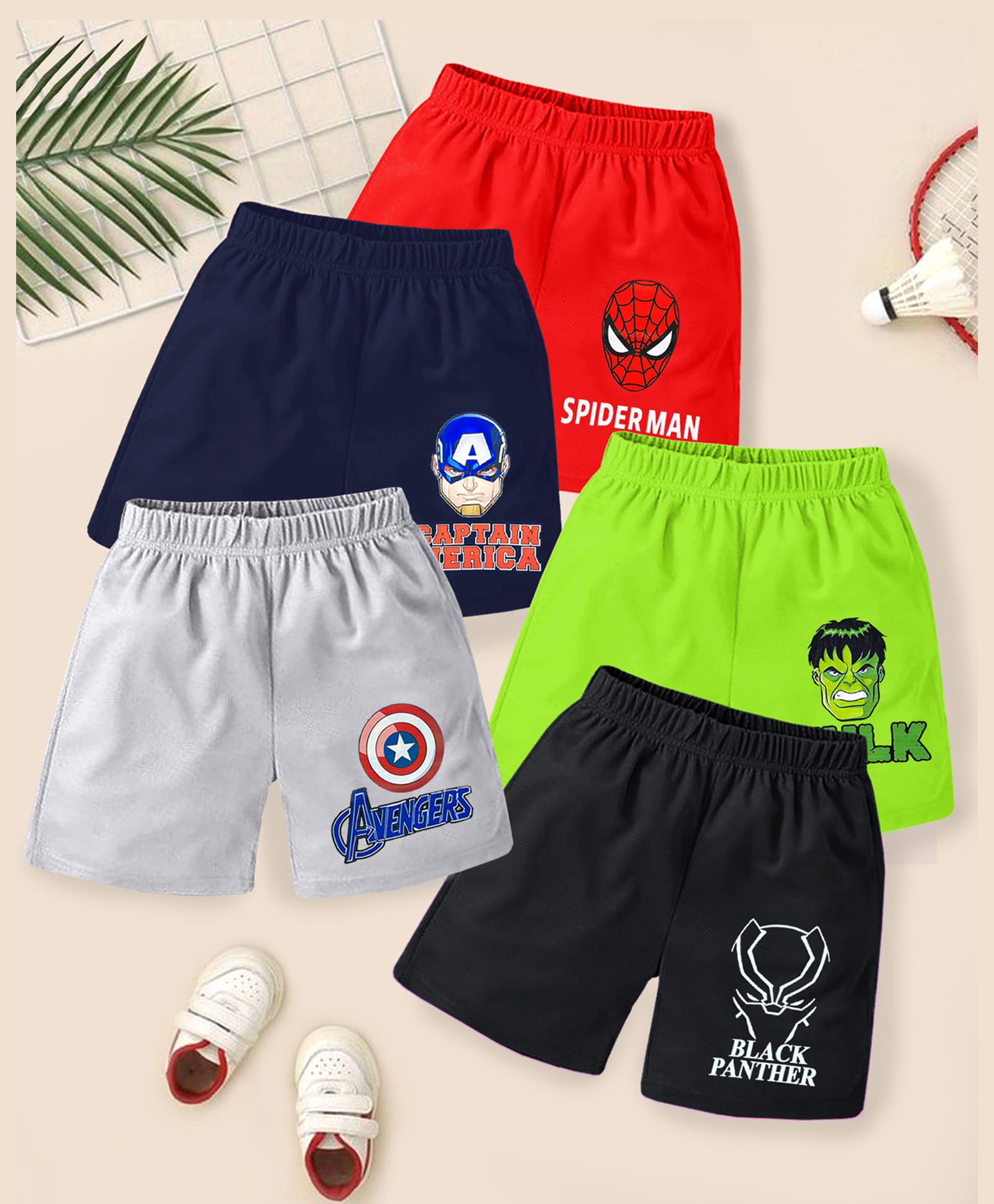 Kuchipoo Cotton Blend Knit Shorts with Hulk Black Panther & Spiderman Print Pack of 5 - Red Neon Green & Black-image-34