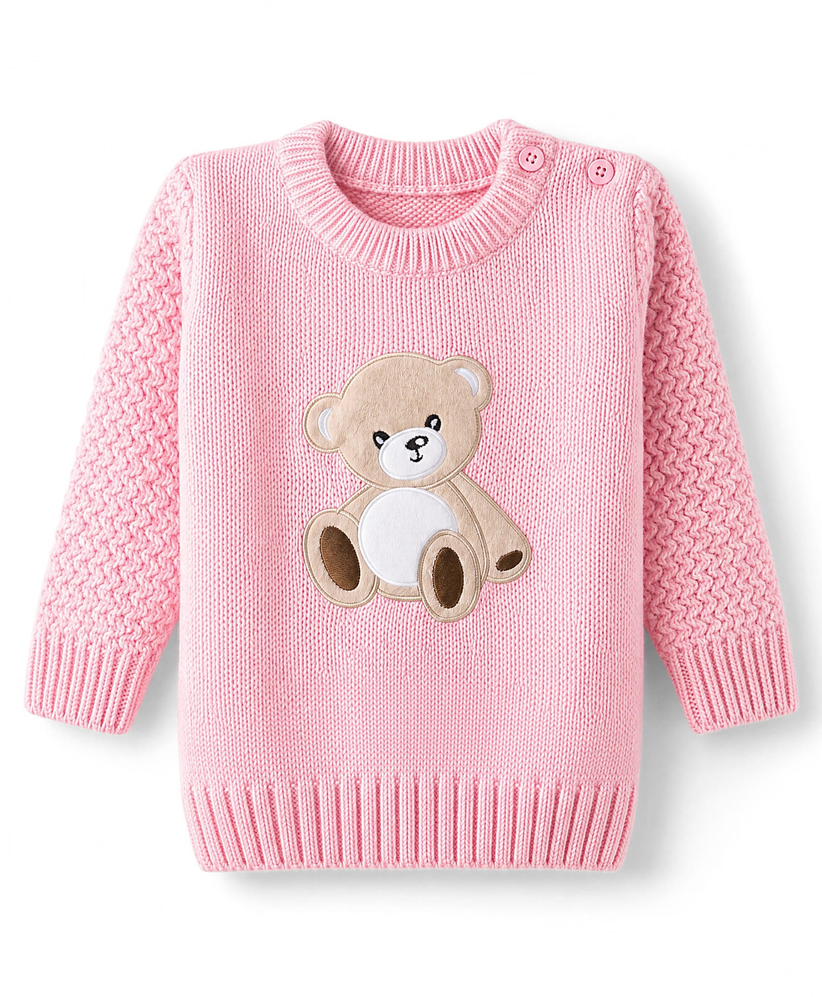 Babyhug Knit Full Sleeves Pullovers With Cable Knit Design & Teddy Bear Patch - Pink-picture-31