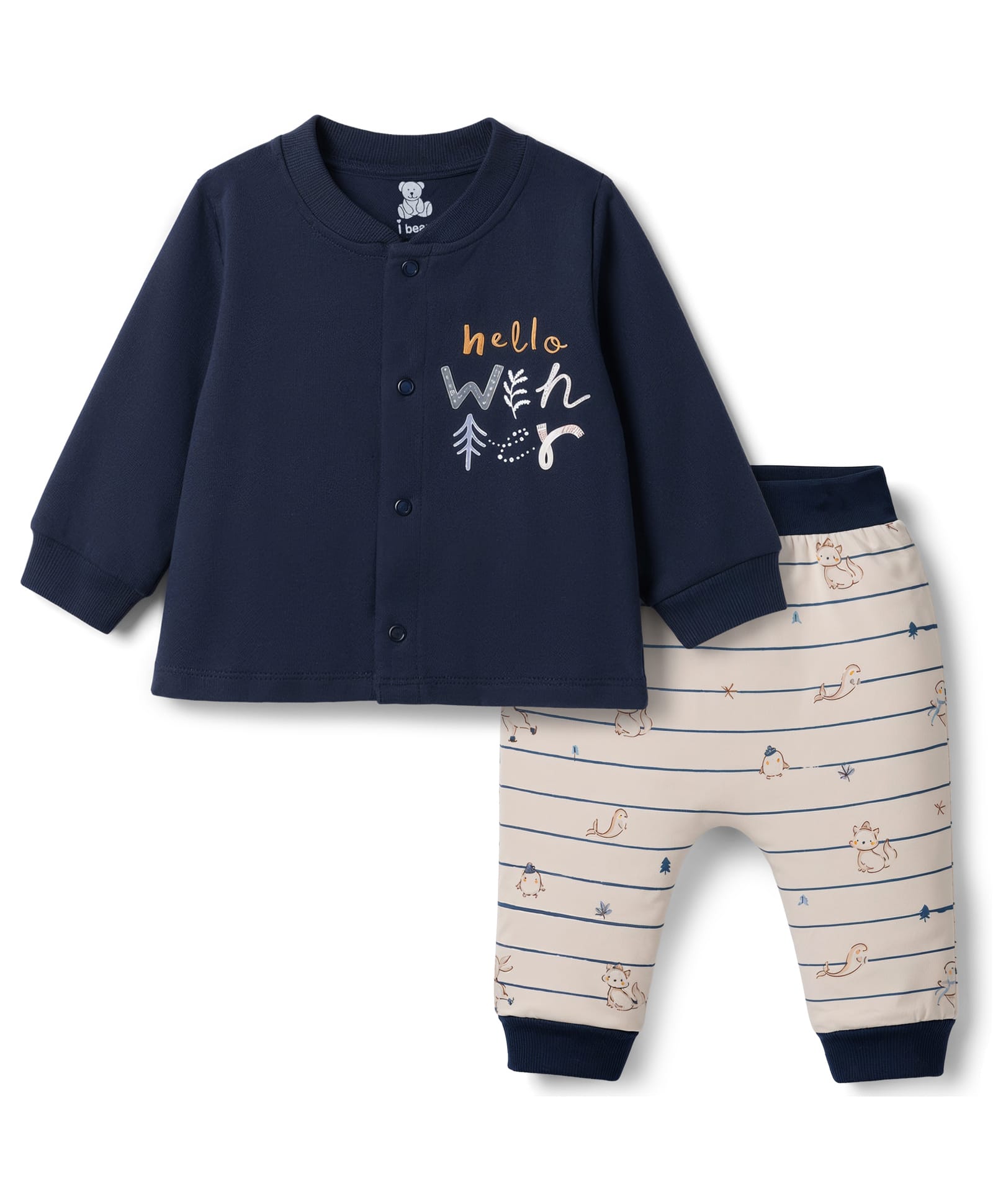 I Bears Fleece Knit Full Sleeves Striped & Text Animal & Sea Life Printed Winter Wear Set - Navy Blue-image-9