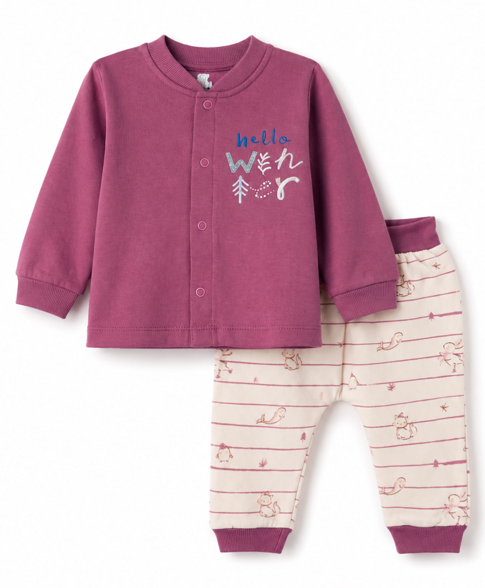 I Bears Fleece Knit Full Sleeves Striped & Text Animal & Sea Life Printed Winter Wear Set - Dark Pink-image-24