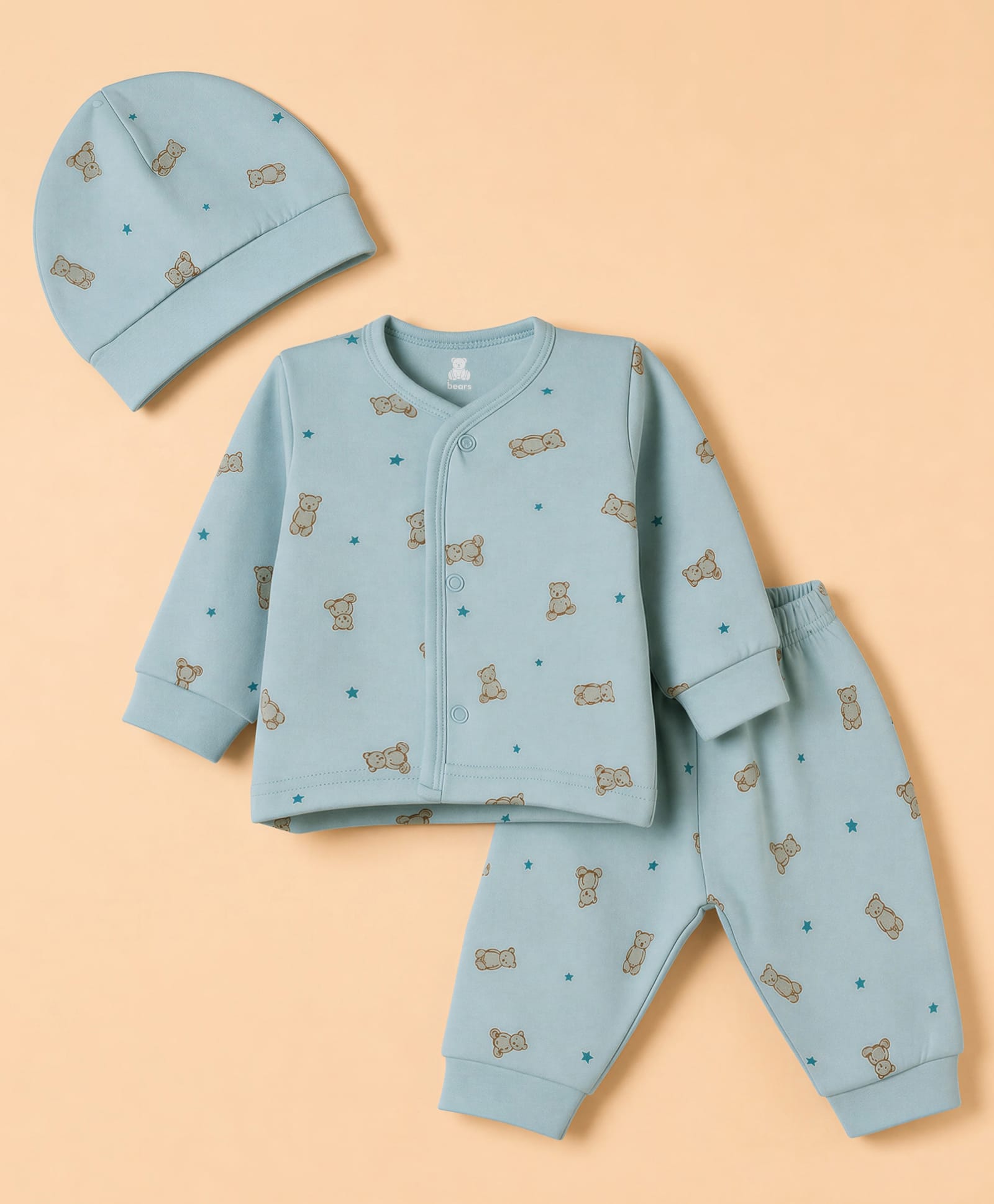 I Bears Fleece Knit Full Sleeves Bear Printed Co-Ords Winter Wear Set With Cap - Light Blue-image-32
