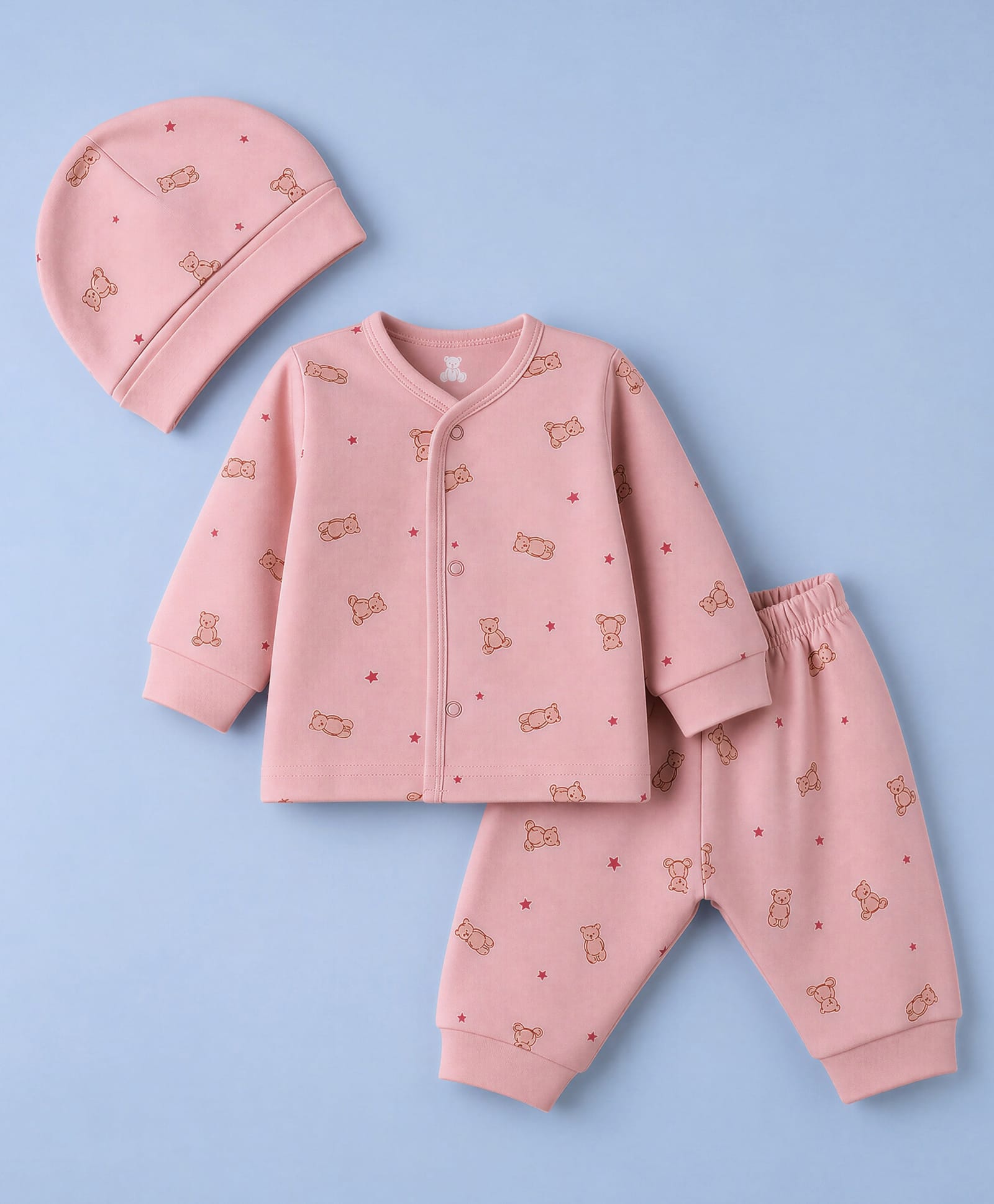 I Bears Fleece Knit Full Sleeves Bear Printed Co-Ords Winter Wear Set With Cap - Light Pink-image-24