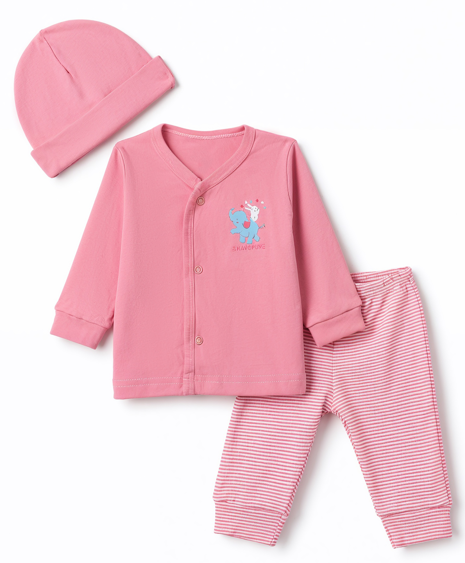 I Bears Sinker Knit Full Sleeves Striped & Elephant Printed T-Shirt & Lounge Pant Night Suit with Cap - Pink-image-31