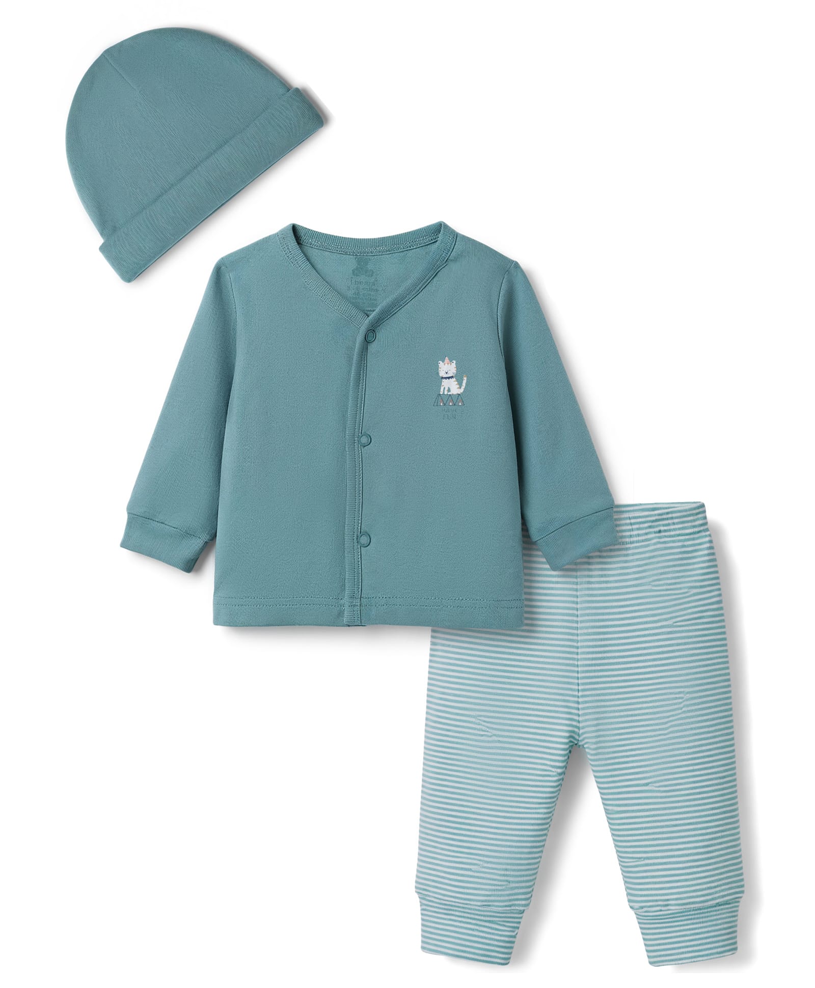 I Bears Sinker Knit Full Sleeves Striped & Kitten Printed T-Shirt & Lounge Pant Night Suit with Cap - Teal Blue-image-6