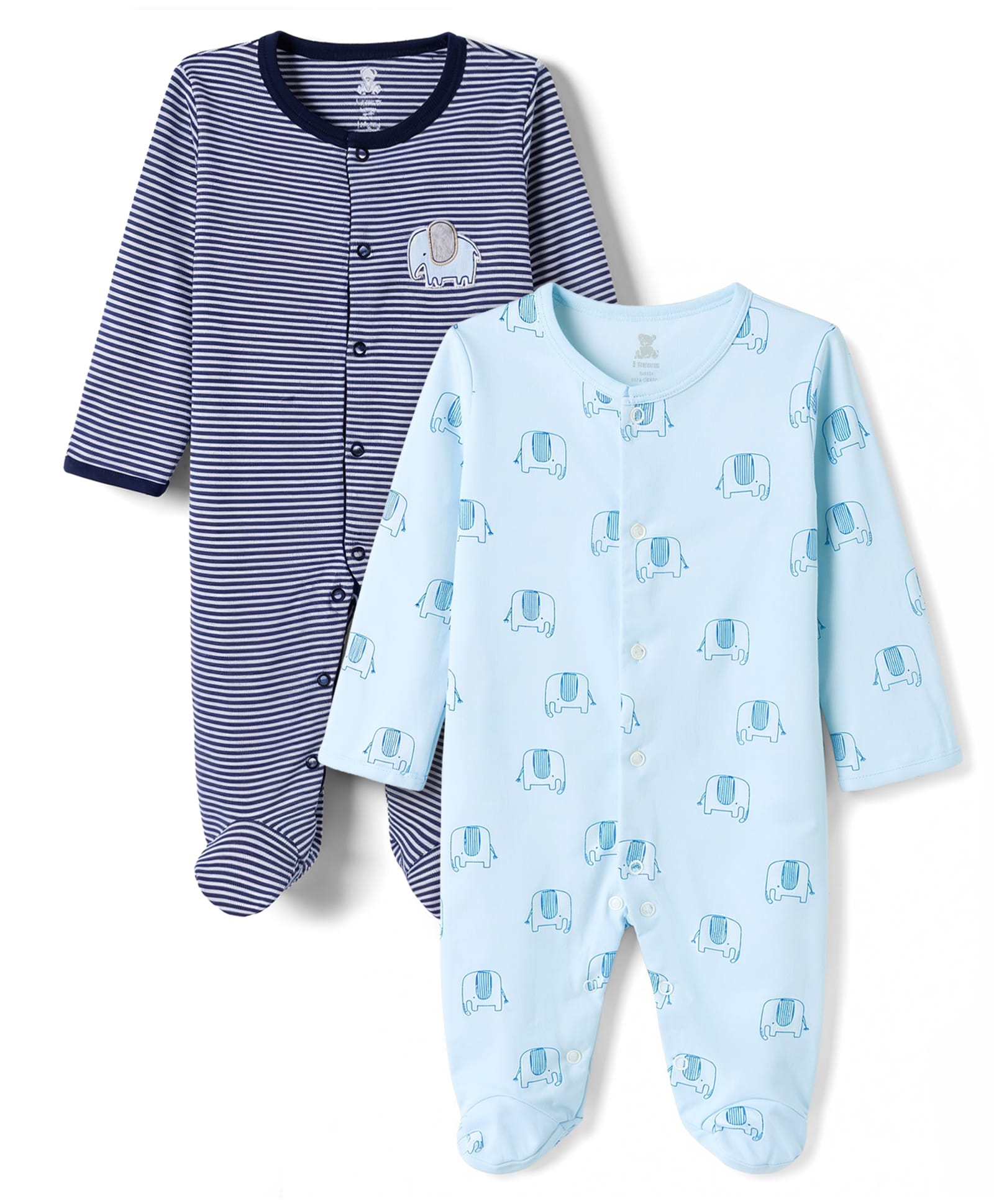 I Bears Knit Full Sleeves Striped Elephant Printed Footed Sleepsuits Pack of 2 - Navy & Light Blue-image-33