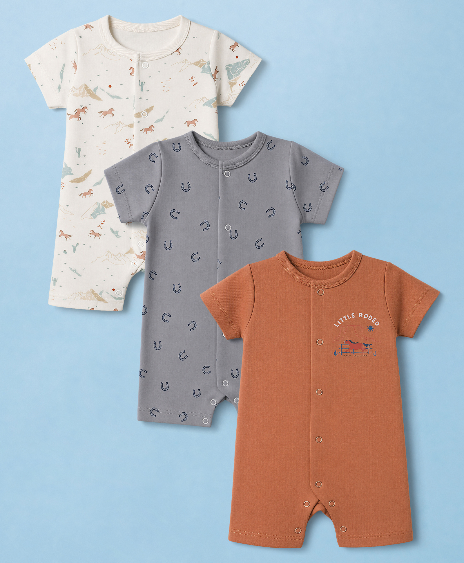 I Bears Interlock Knit Half Sleeves Horse Printed Romper Pack of 3 - White Grey & Brown-image-46