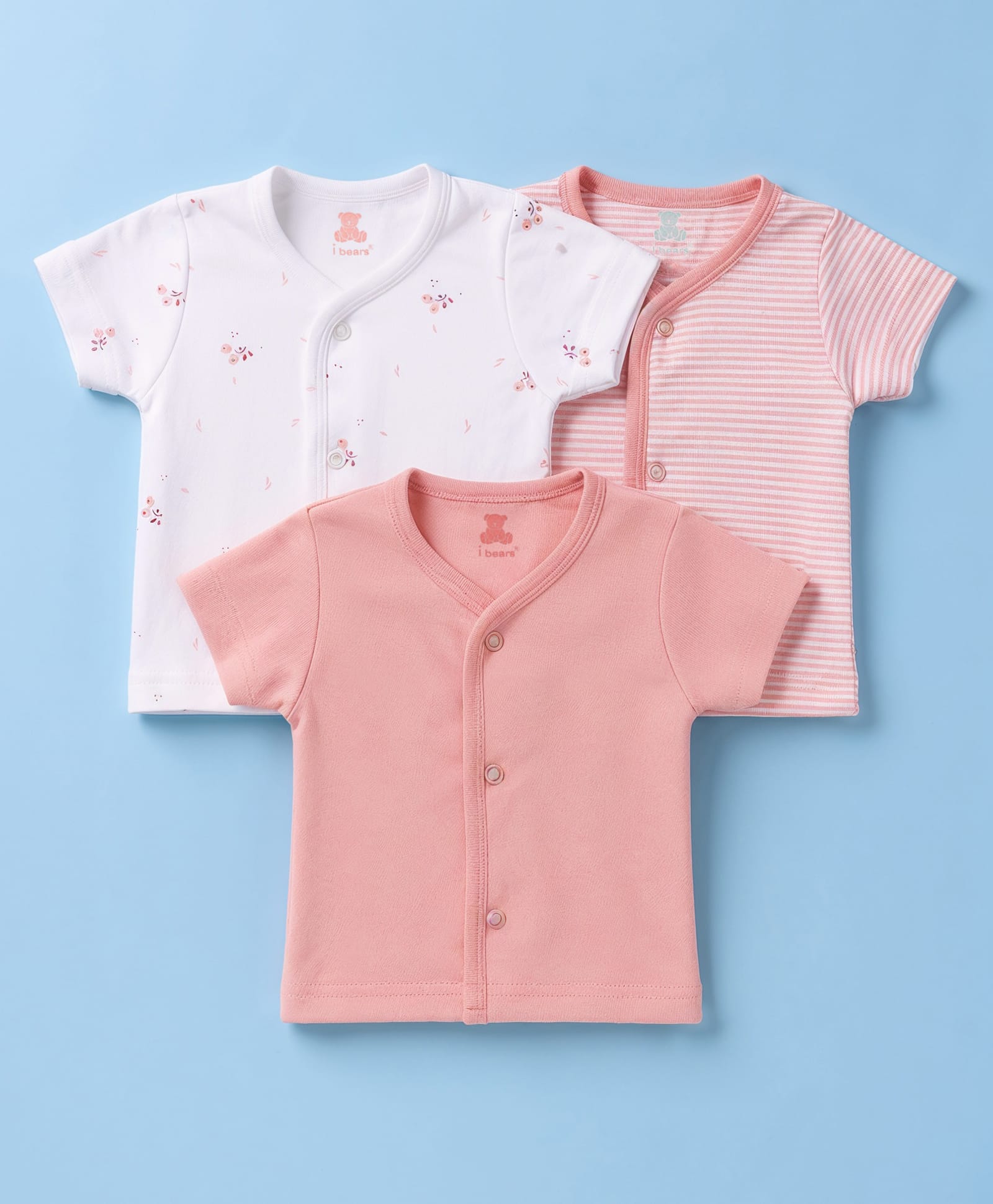 i bears CUCUMBER Sinker Knit Half Sleeves Striped Jhablas With Floral Printed Pack Of 3 - Pink & White-picture-12