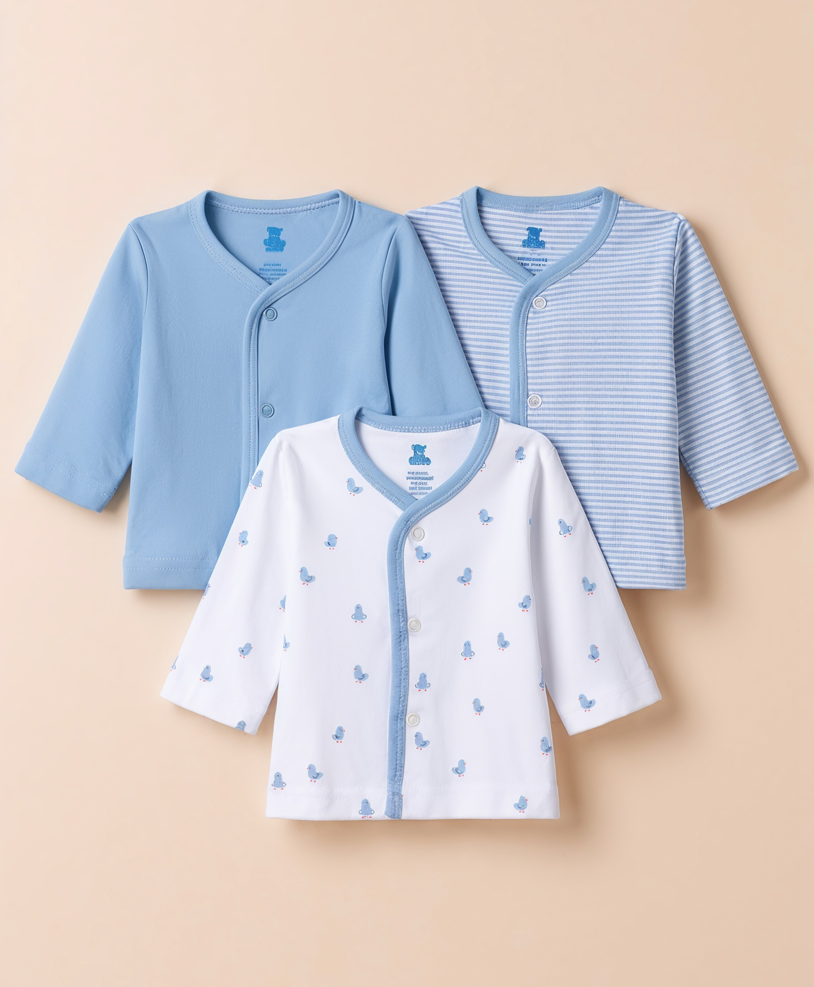 I Bears Interlock Knit Full Sleeves Striped Jhablas With Bird Print Pack of 3 - White & Blue-image-38