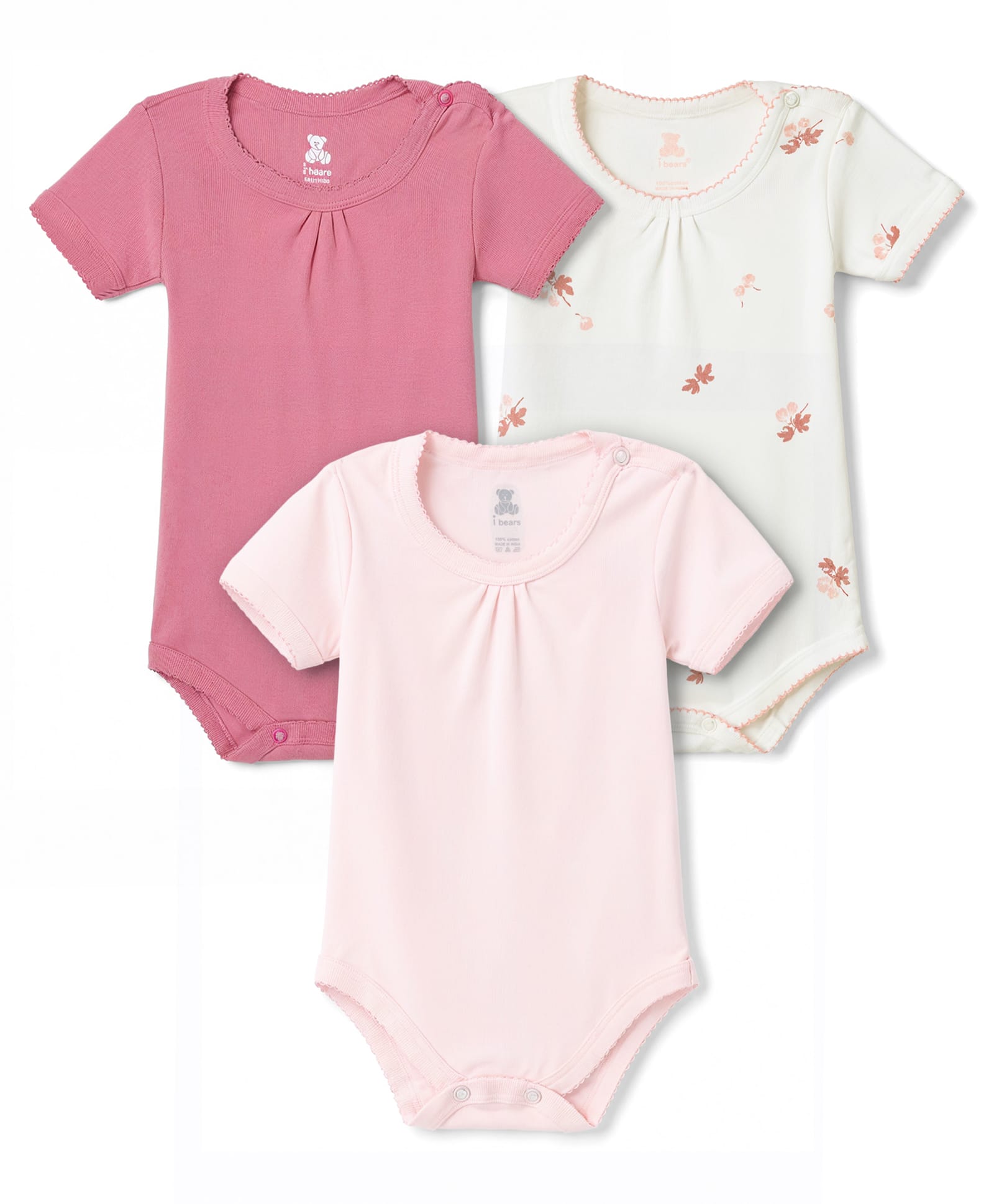 I Bears Interlock Knit Half Sleeves Onesies With Floral Print Pack of 2 - White & Pink-picture-17