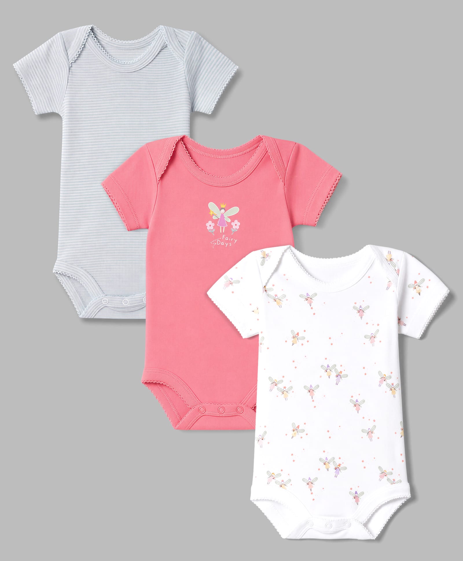 I Bears Interlock Knit Half Sleeves Onesies With Text & Fairy Print Pack of 3 - Pink, White & Grey-image-22