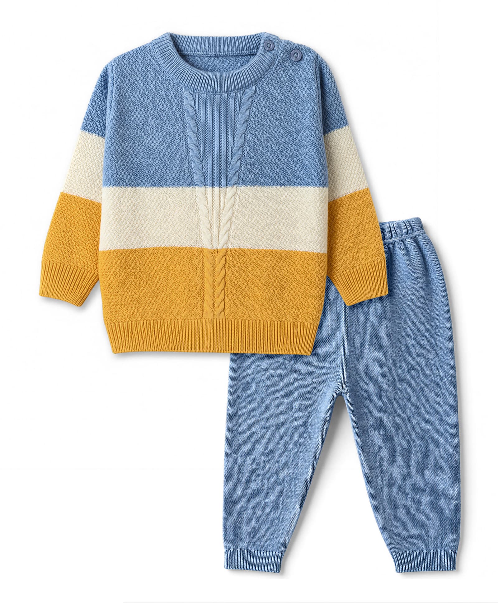 Babyhug Knit Full Sleeves Striped Sweater Set - Yellow & Blue-picture-16