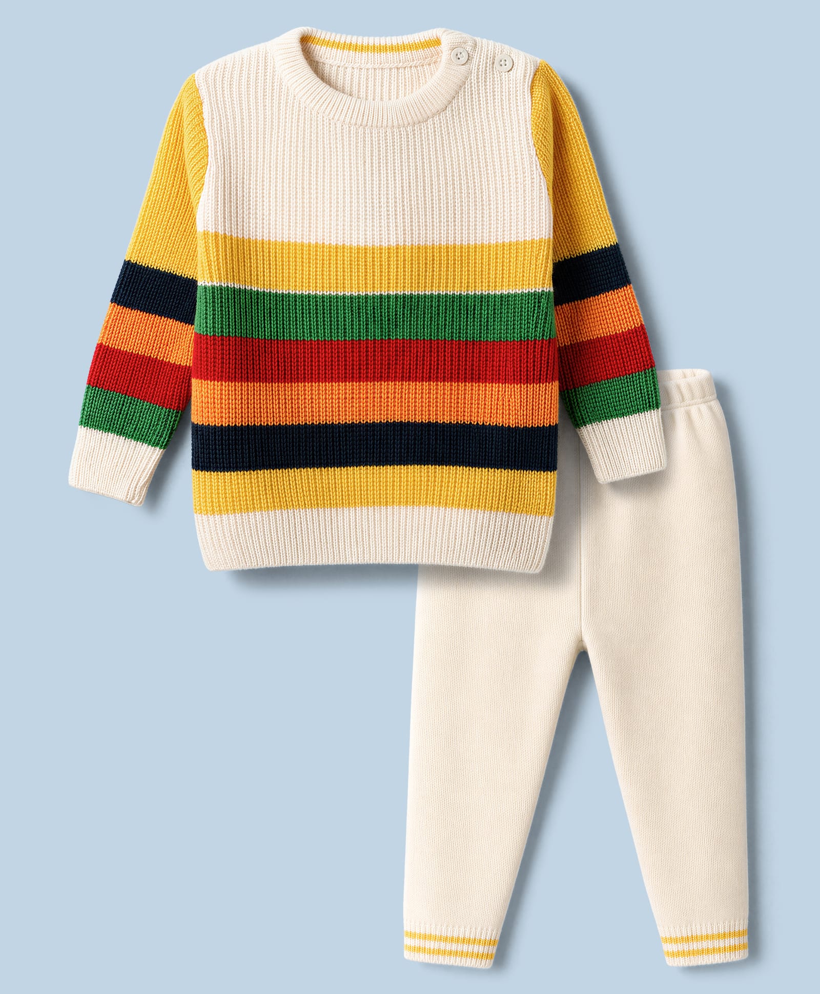 Babyhug Knit Full Sleeves Striped Sweater Set - Offwhite-picture-10