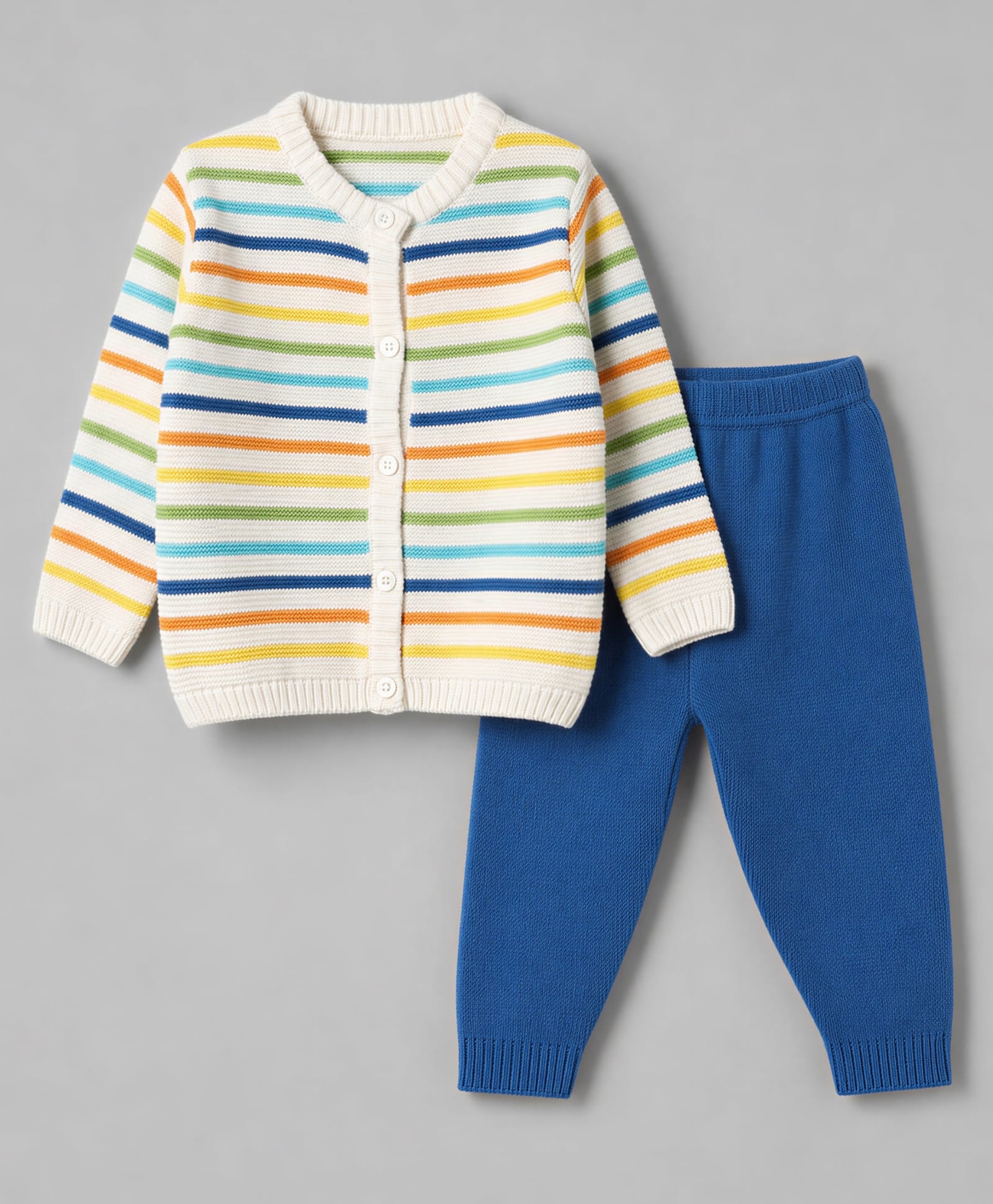 Babyhug Knit Full Sleeves Striped Sweater Set - Blue-picture-26