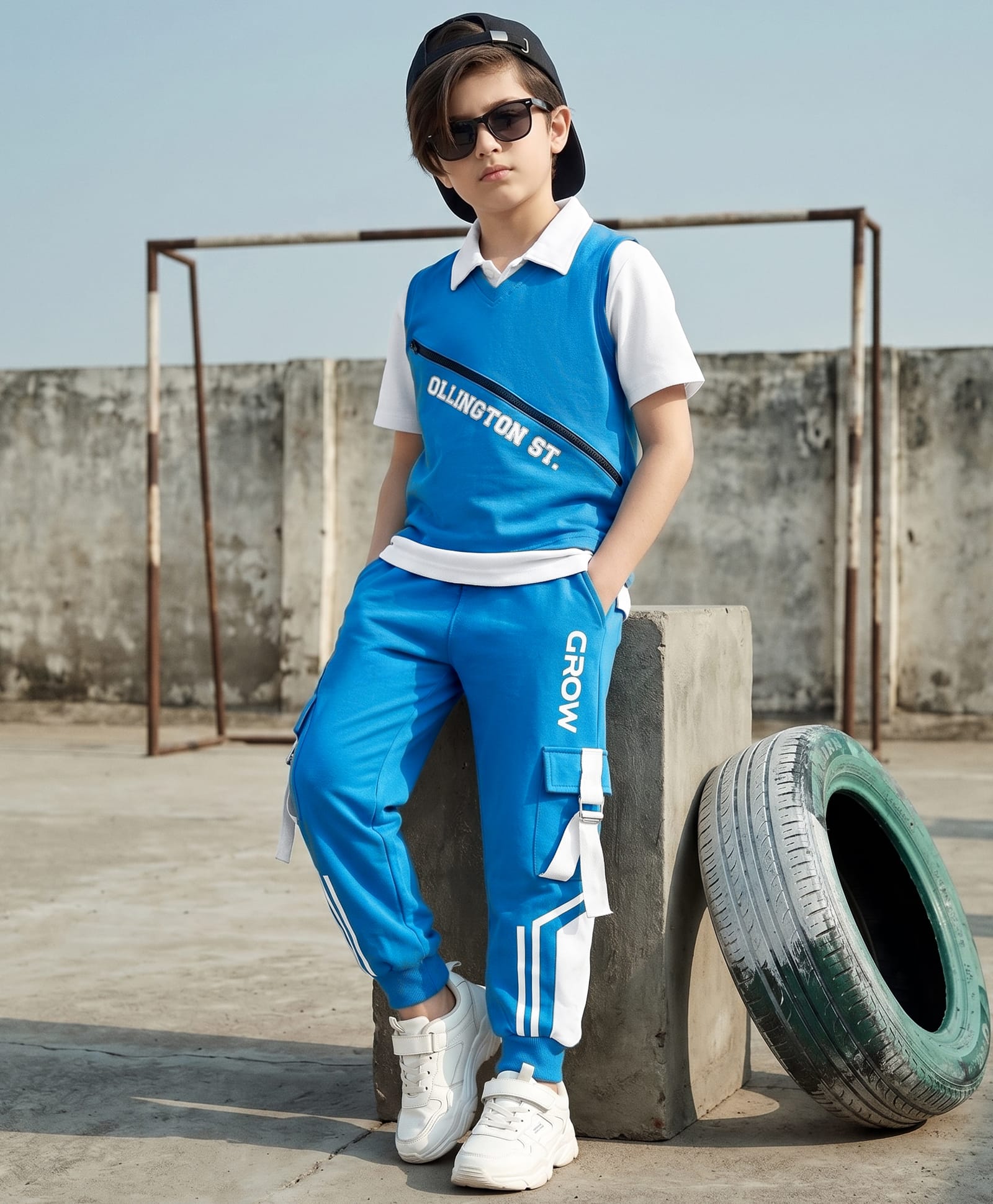 OLLINGTON ST. Cotton Sinker Knit T-Shirt & Joggers With Text Print & Half Sleeves Inner Polo Tee - Blue & White-image-11