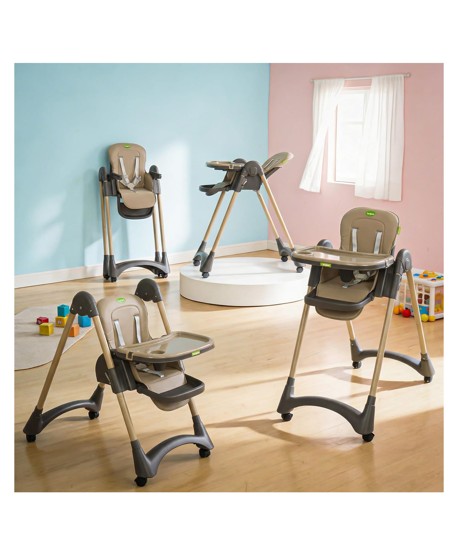 BAYBEE High Chair for Baby 6 to 18 Months, Height Adjustable with Reclining Backrest, Foldable, 5 Point Safety Harness, Double Removable Tray, Footrest & Lockable Wheels (Beige)-picture-12