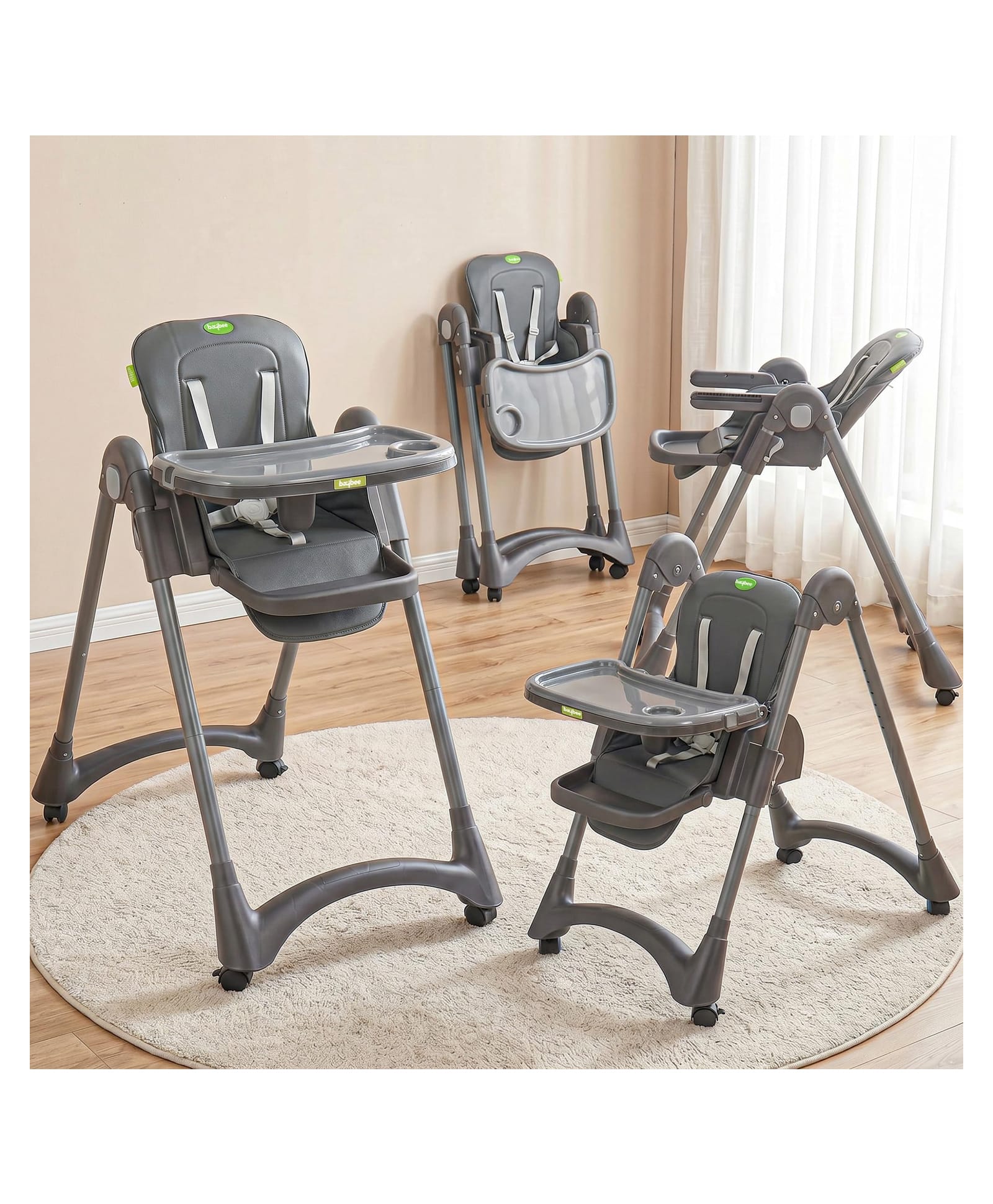 BAYBEE High Chair for Baby 6 to 18 Months, Height Adjustable with Reclining Backrest, Foldable, 5 Point Safety Harness, Double Removable Tray, Footrest & Lockable Wheels (Grey)-image-39