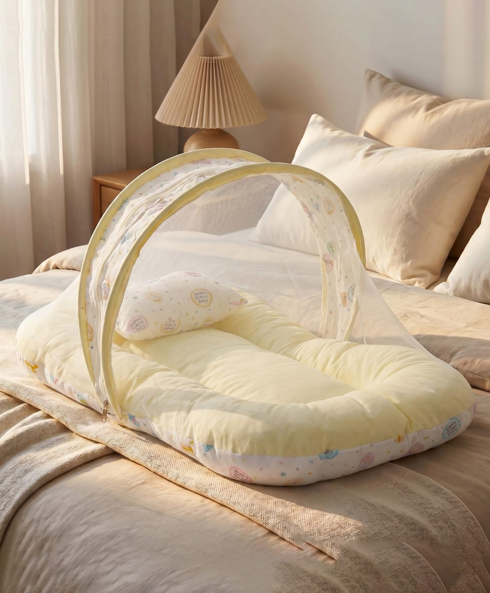BAYBEE Muslin Cotton Baby Bedding Set for New Born with Mosquito Net, Portable Sleeping Nest, Soft Mattress & Pillow, Travel Bed for Boys Girls (Yellow)-image-23