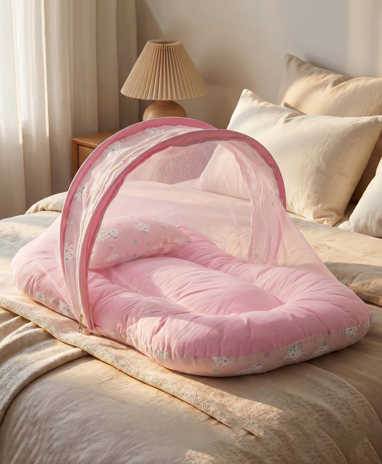 BAYBEE Muslin Cotton Baby Bedding Set for New Born with Mosquito Net, Portable Sleeping Nest, Soft Mattress & Pillow, Travel Bed for Boys Girls (Pink)-image-31