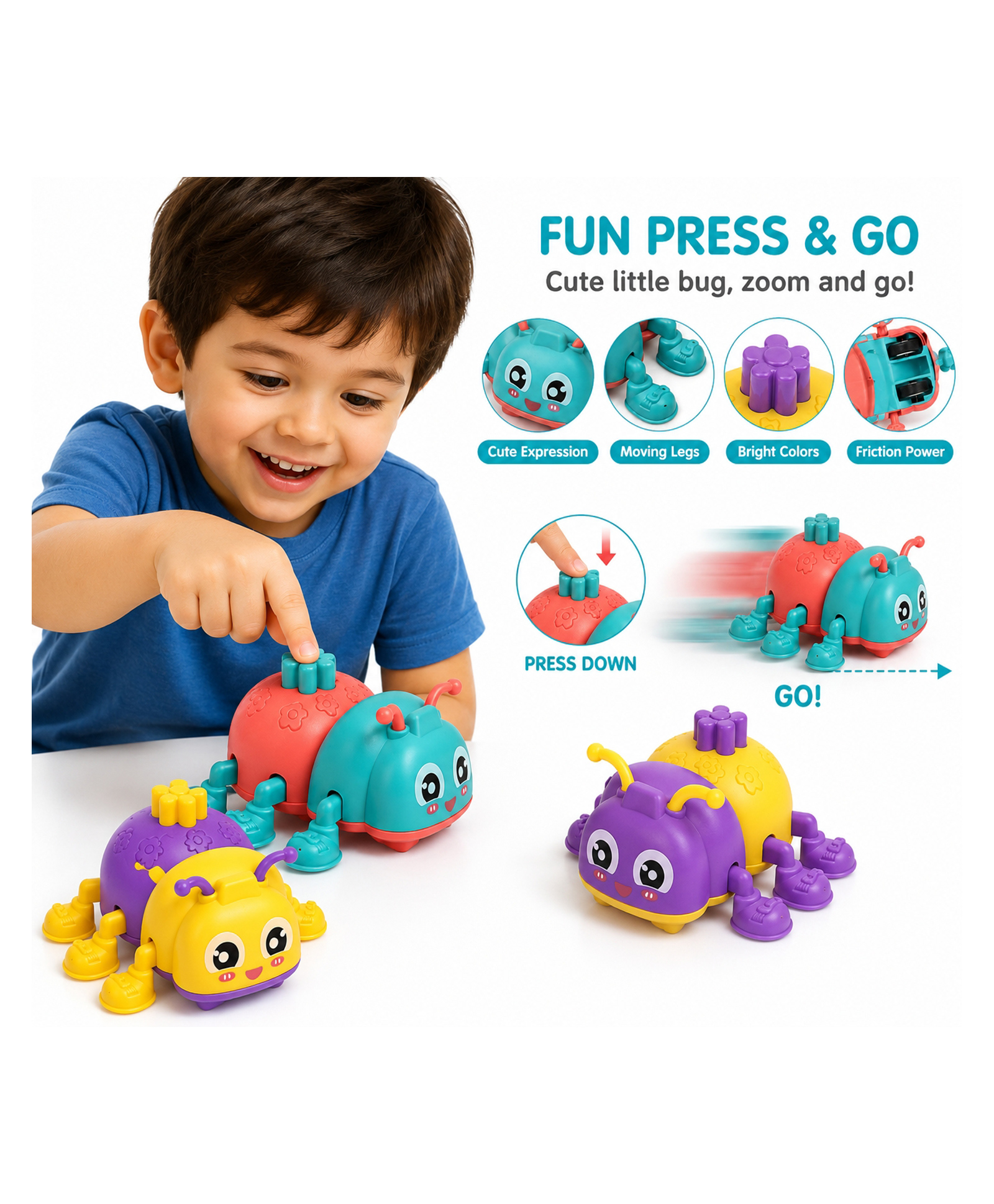 Sanjary Cute Press and Go Insect Toy for Kids, Friction Powered Crawling Animal Toy with Interactive Fun Educational Entertainment Play pack of 1 color design may vary-picture-12