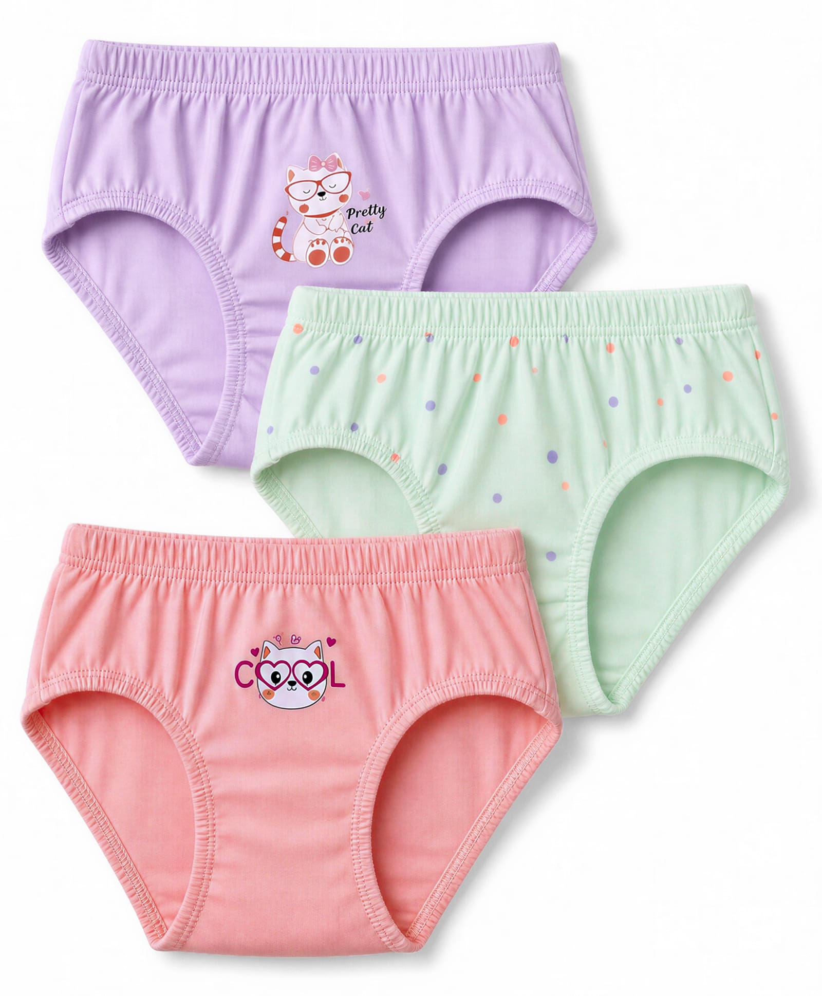 Tango Single Jersey Knit Panties With Cat & Polka Dot Print Pack of 3- Pink, Green & Purple-picture-5