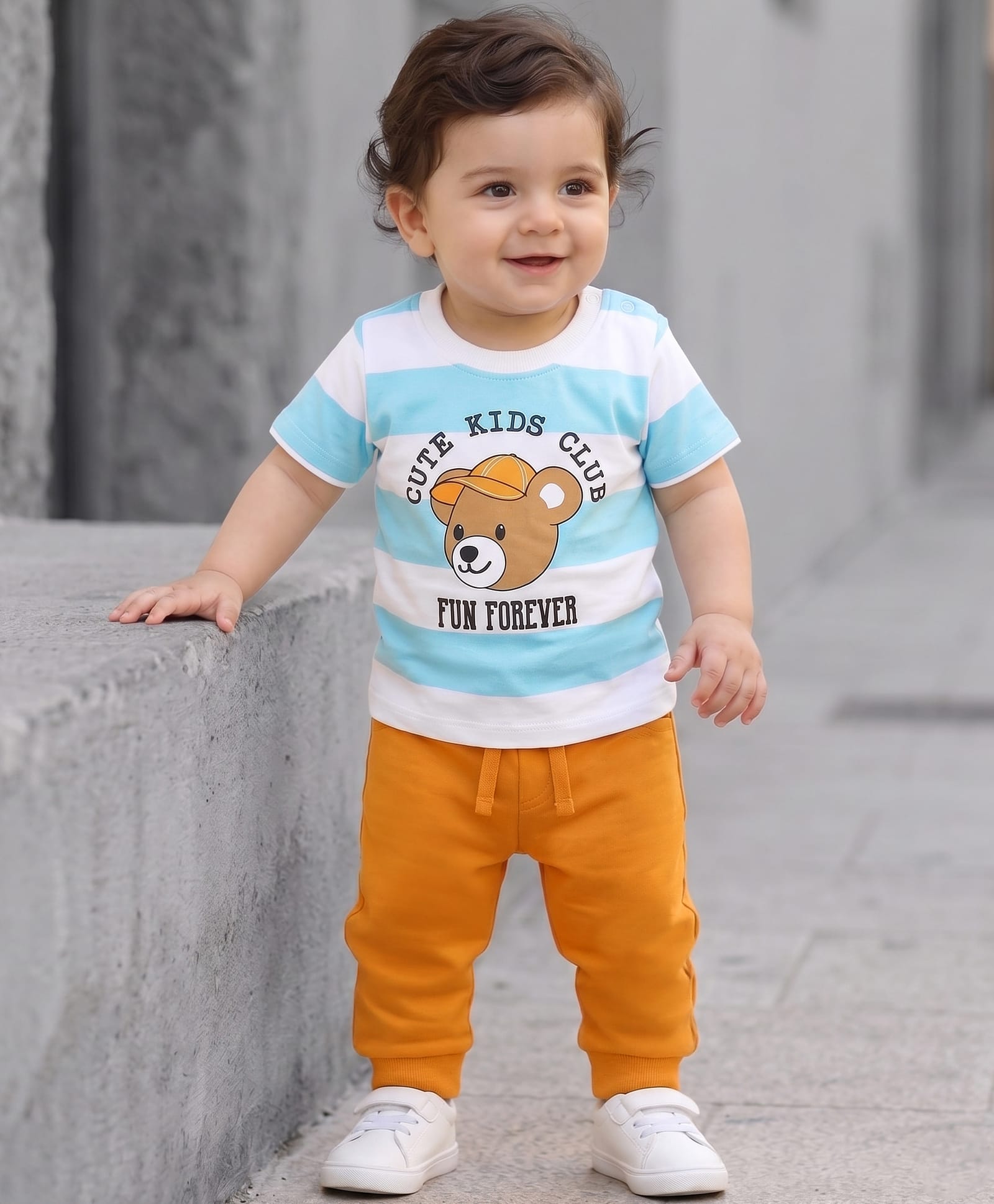 Doodle Poodle 100% Cotton Knit Half Sleeves Striped & Bear Printed T-Shirt & Trouser Set - White & Orange-picture-26