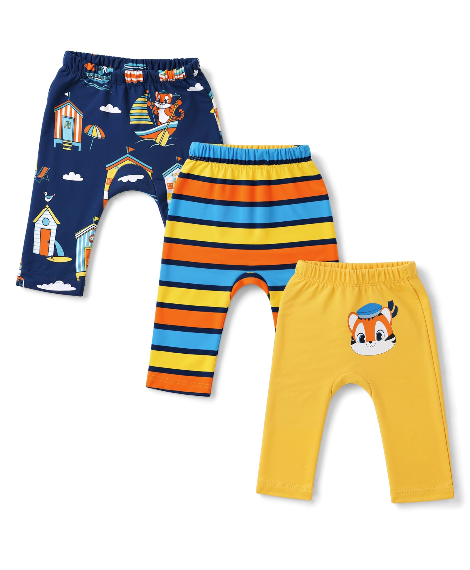 Babyhug Cotton Interlock Knit Full Length Striped Diaper Leggings with Animal Print Pack of 3 - Yellow, Navy Blue & Red-picture-30