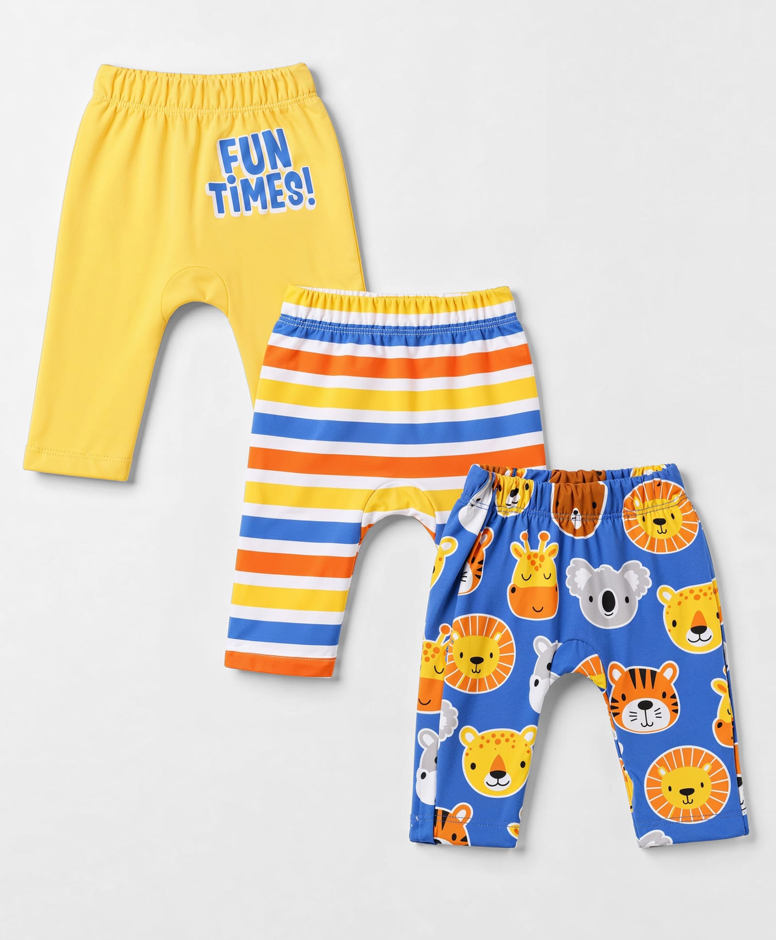 Babyhug Cotton Interlock Knit Full Length Diaper Leggings with Stripes & Animal Print Pack Of 3 - Blue & Yellow-picture-16