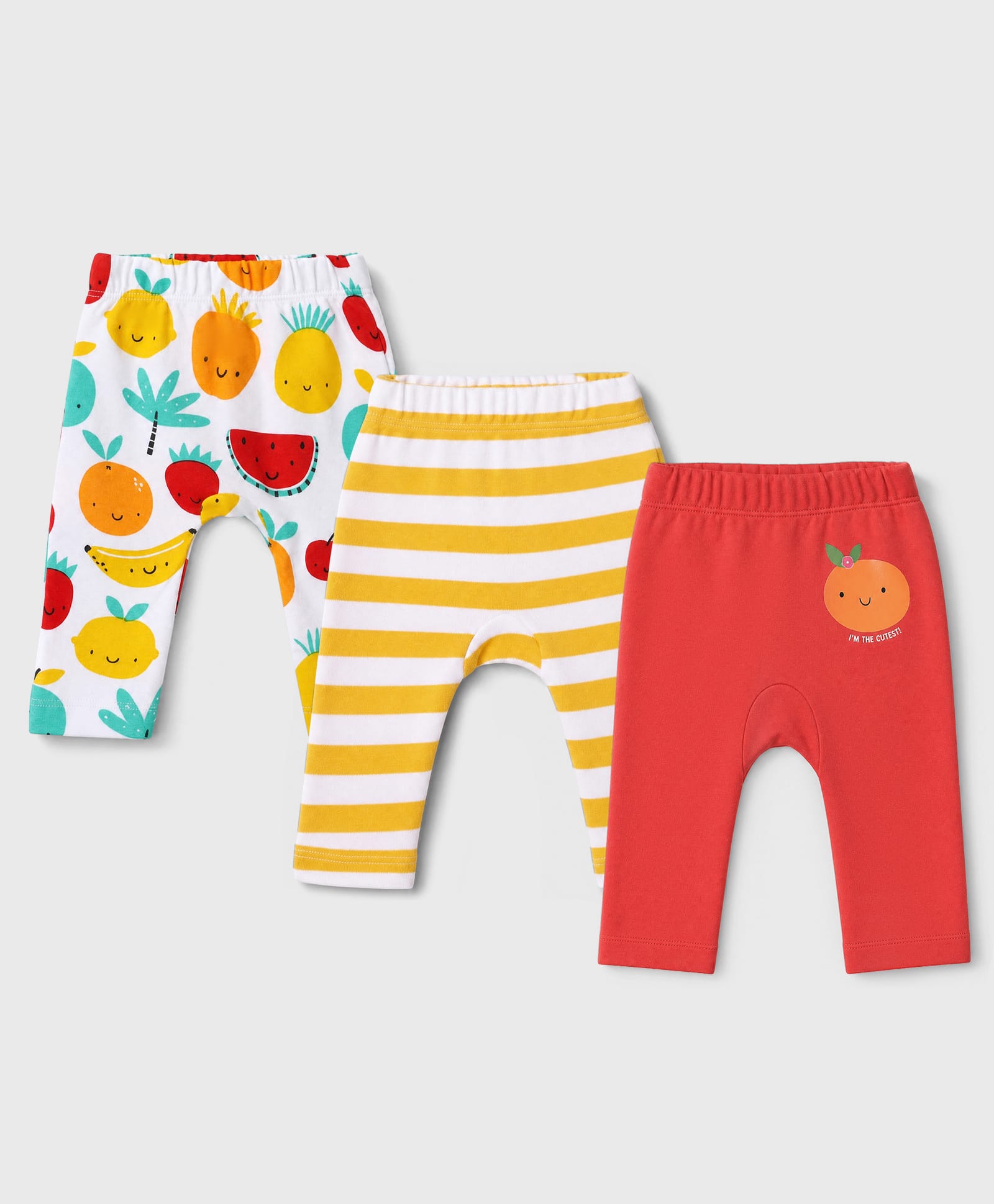 Babyhug Cotton Interlock Knit Full Length Striped Diaper Leggings With Fruit Print Pack of 3 - Yellow, White & Red-picture-29