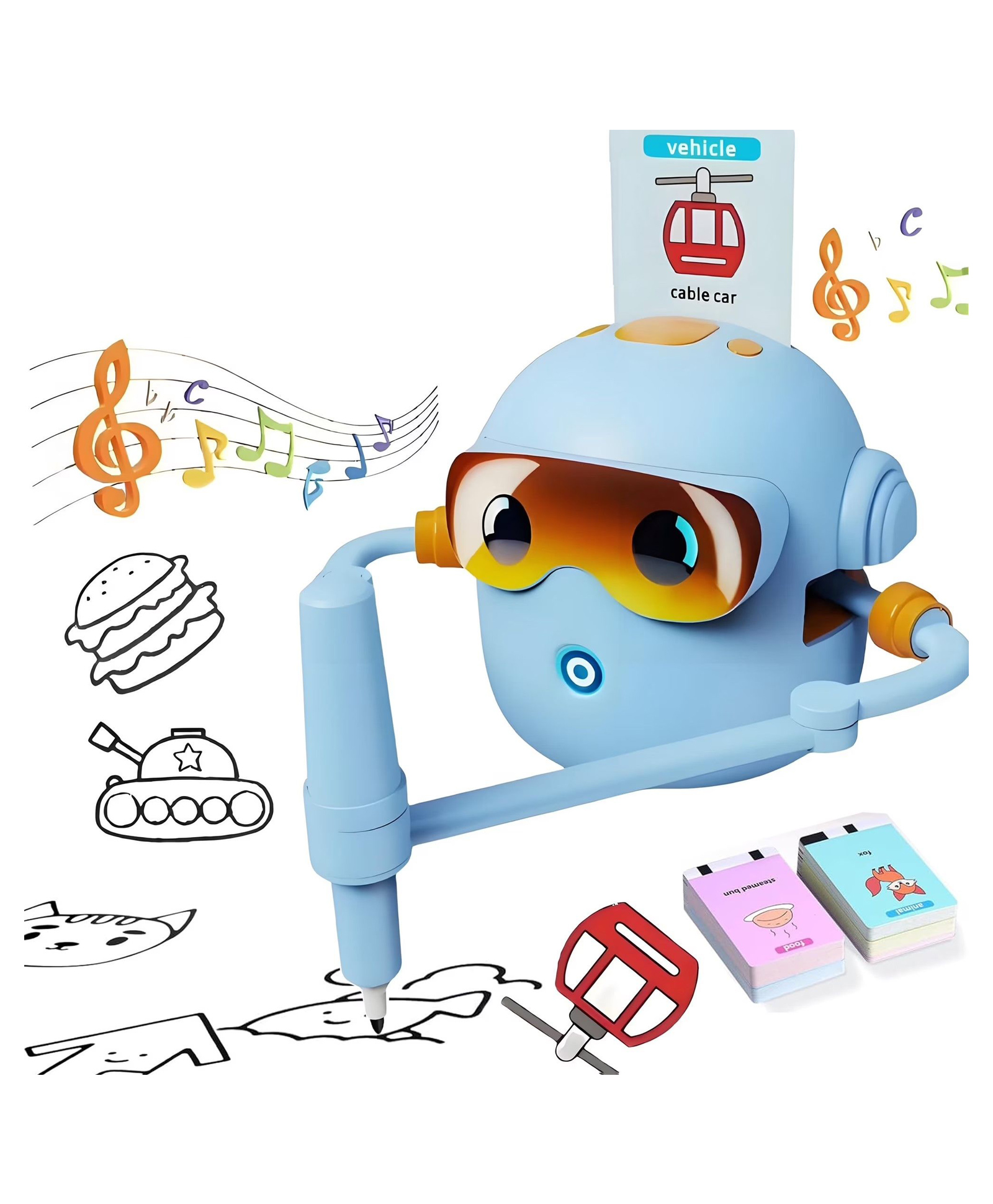 ADKD Intelligent Early Education Drawing Robot for Kids | Smart Drawing & Singing Tutor with 100 Flashcards & 2 Pens | Step-by-Step Art & English Learning Toy- Blue-picture-37