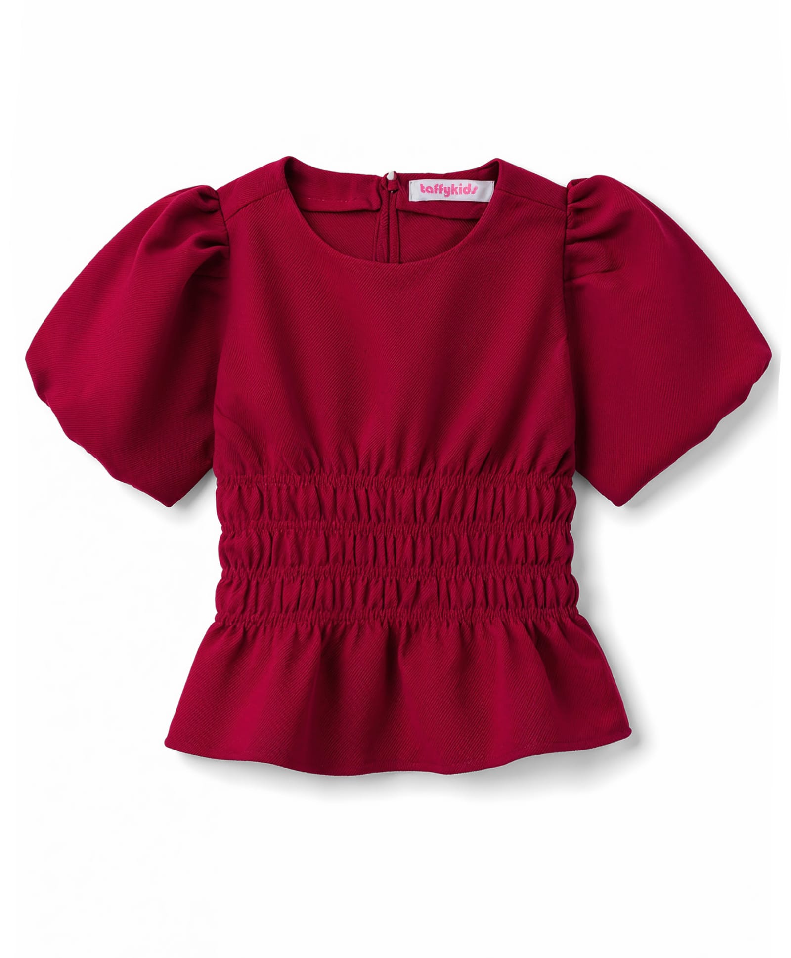 Taffykids Woven Peplum Top with Half Balloon Sleeves and Elasticated Waist - Dark Red-picture-1