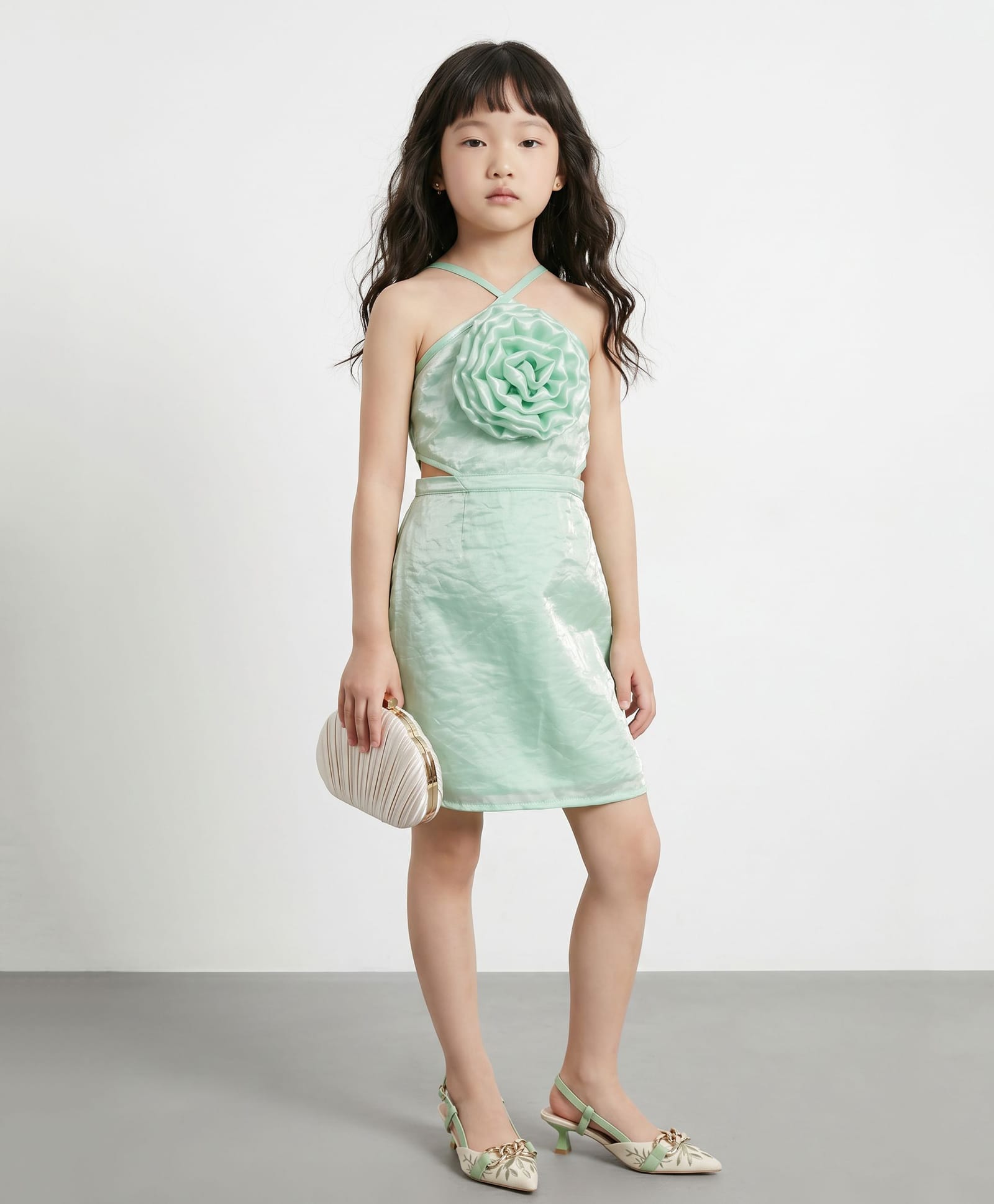 Taffykids Woven Sleeveless Rose Detail Back Tie Up Party Dress - Sea Green-picture-36