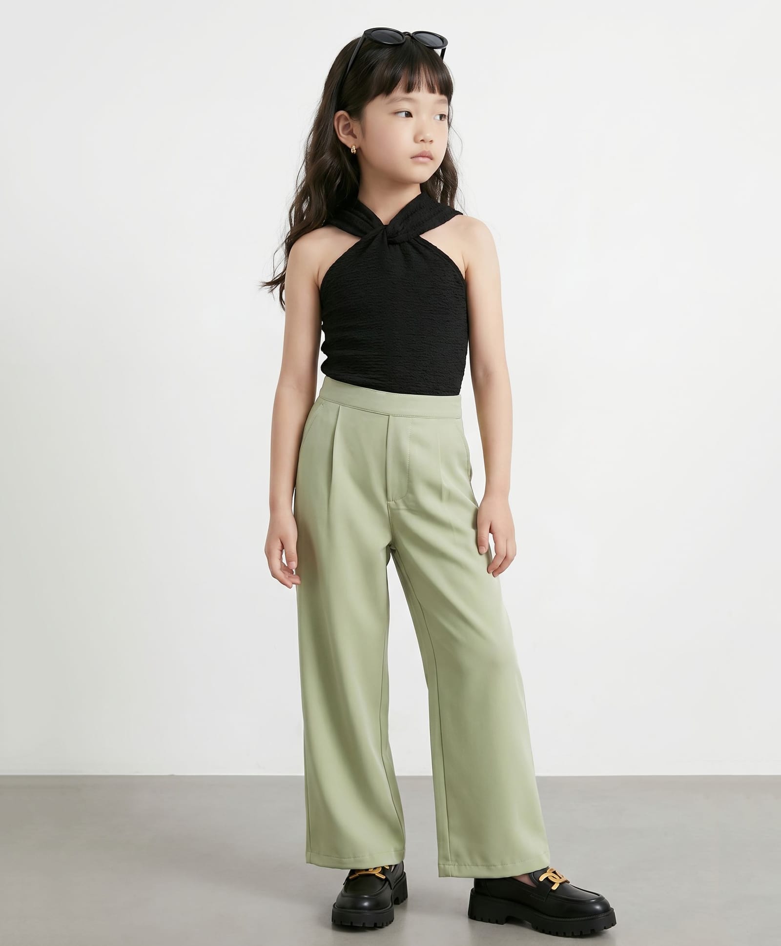 Taffykids Knitted Sleeveless Halterneck Top & Pants With Korean Pleats - Black & Olive Green-picture-33