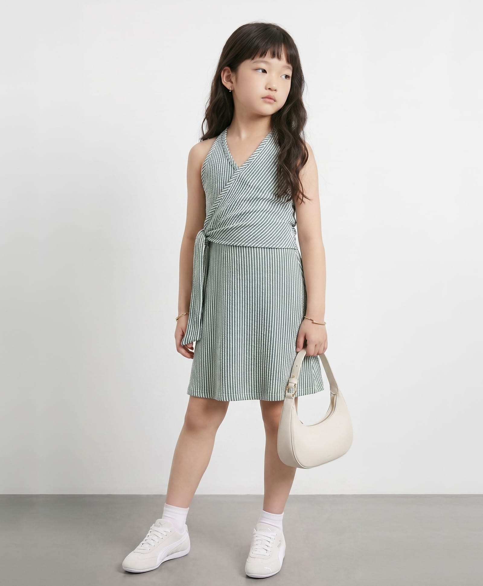 Taffykids Knit Sleeveless Striped Wrap Tie Up Frock - Green-picture-28